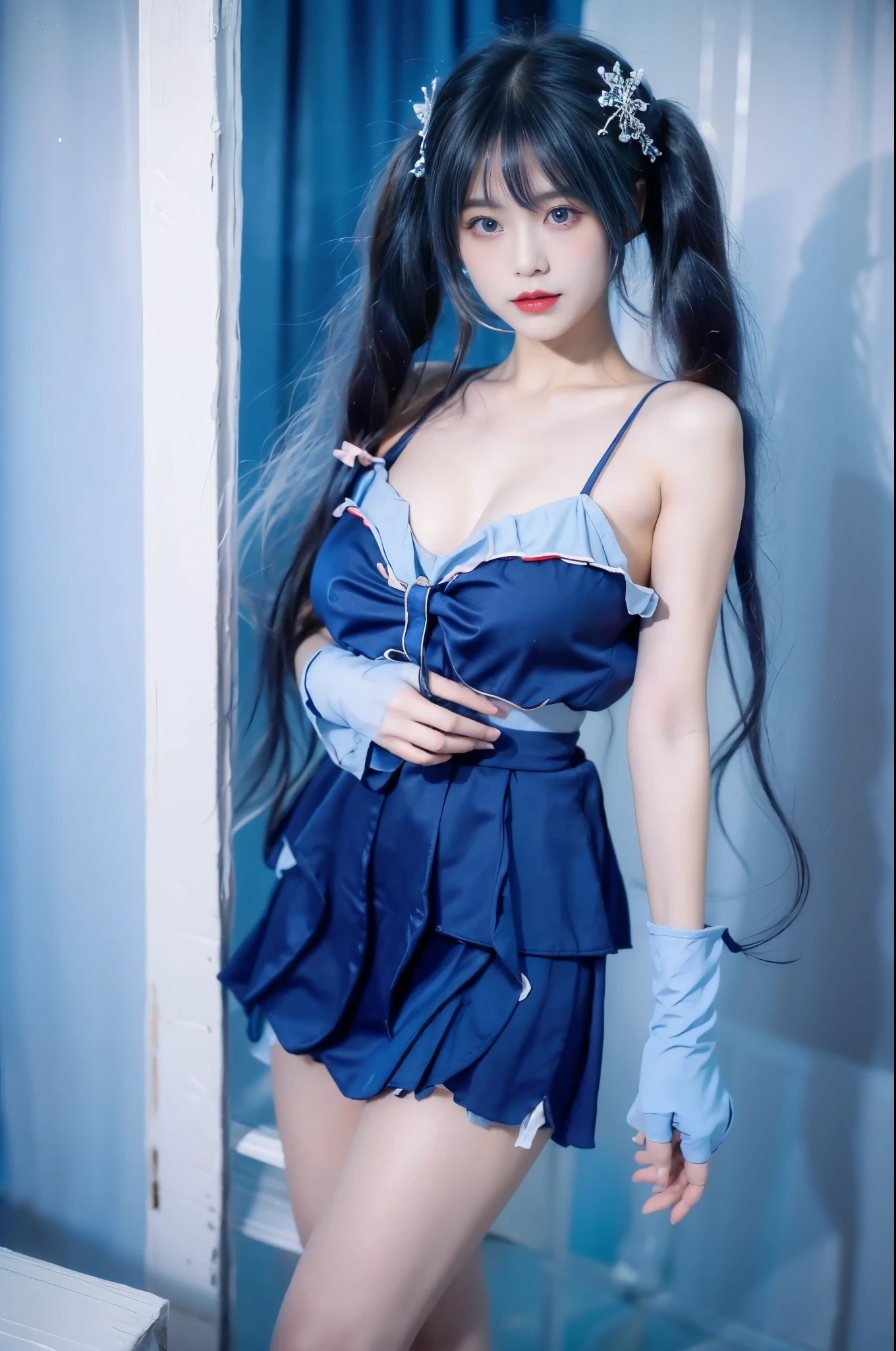 1girl,twintails,yuki miku, fingerless gloves, blue eyes, blue hair,(blue dress:1.1),ribbon, star (symbol),, Beauty, beautiful女人，Have a perfect body：1.4，Layered Hairstyle，((Big breasts)), ((D cup)), Visible cleavage，Bare shoulders, Highly detailed face and skin texture，Double eyelids，Skin Whitening，Long hair，Whitening long legs，Standing by the sea, Fashion girl, Red lips, Sweet maiden, beautiful妆容, detail, lifelike, Very detailed, amazing, beautiful, Young and energetic, high quality，High Definition, rich and colorful，Exquisite, Smooth skin, The skirt is short, Lift the skirt with your hands, Elegant and charming posture, Official Art, Extremely detailed, Movie atmosphere, Soft colors, Natural skin texture,