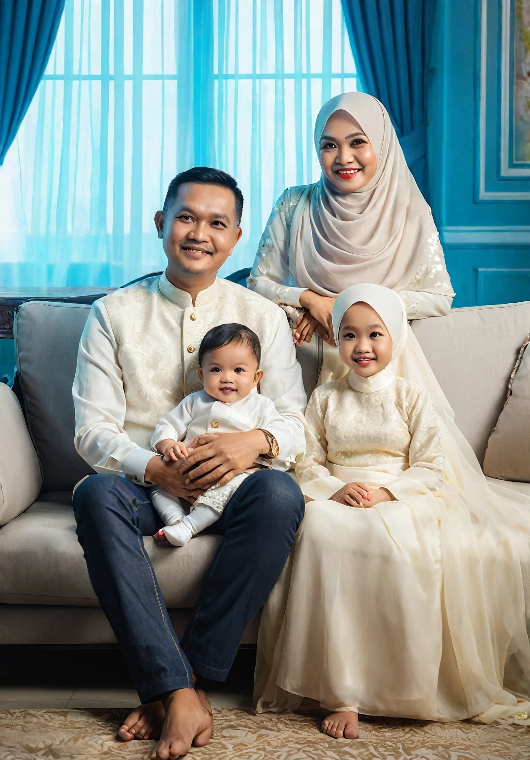 there are two people sitting on a couch with a baby, an indonesian family portrait, happy family, barong family, home photography portrait, family portrait, by Basuki Abdullah, full protrait, family photography, barong family member, portrait shot, husband wife and son, shot on nikon z9, portrait of family of three, potrait
