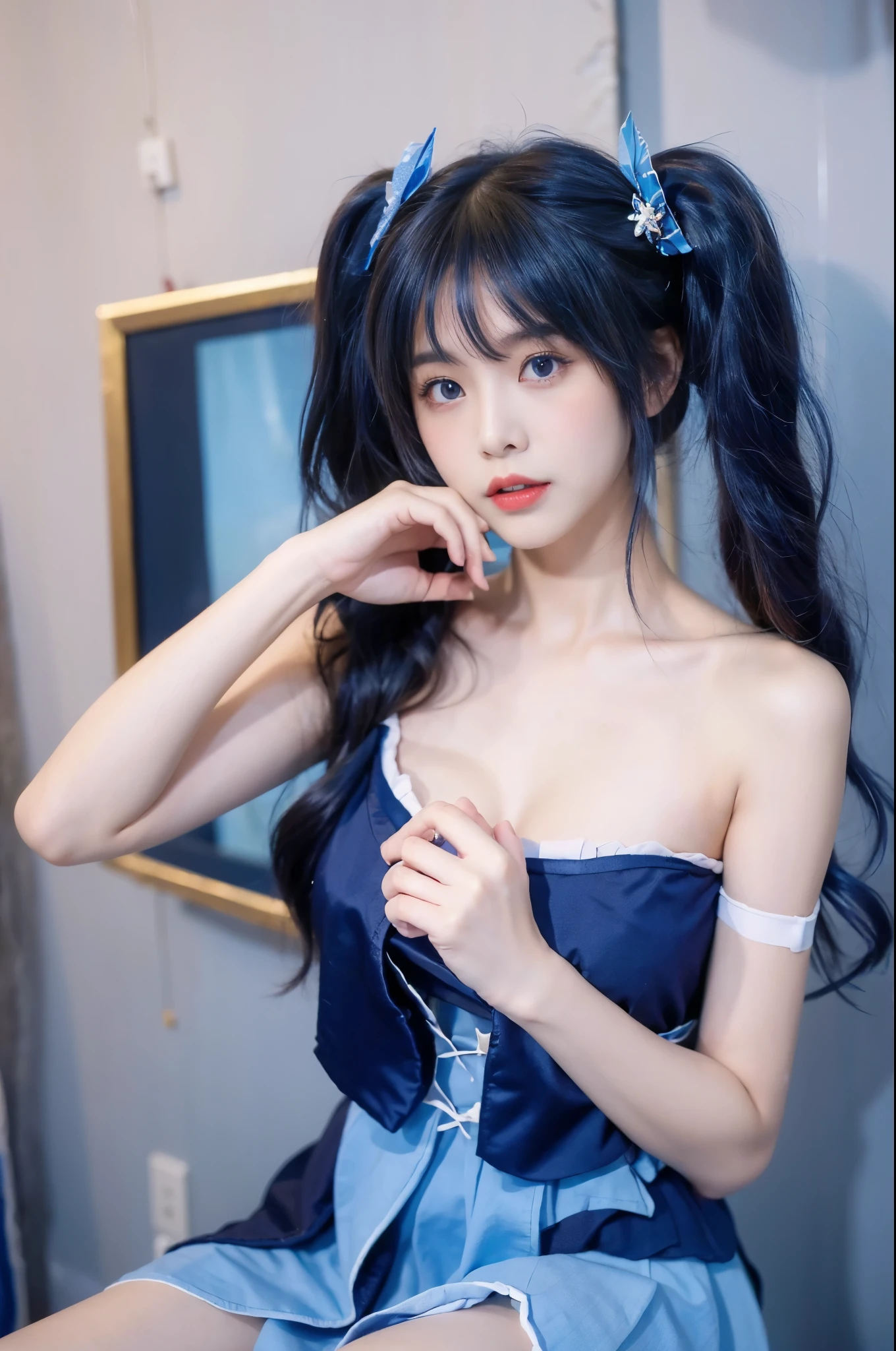 1girl,twintails,yuki miku, fingerless gloves, blue eyes, blue hair,(blue dress:1.1),ribbon, star (symbol),, Beauty, beautiful女人，Have a perfect body：1.4，Layered Hairstyle，((Big breasts)), ((D cup)), Visible cleavage，Bare shoulders, Highly detailed face and skin texture，Double eyelids，Skin Whitening，Long hair，Whitening long legs，Standing by the sea, Fashion girl, Red lips, Sweet maiden, beautiful妆容, detail, lifelike, Very detailed, amazing, beautiful, Young and energetic, high quality，High Definition, rich and colorful，Exquisite, Smooth skin, The skirt is short, Lift the skirt with your hands, Elegant and charming posture, Official Art, Extremely detailed, Movie atmosphere, Soft colors, Natural skin texture,