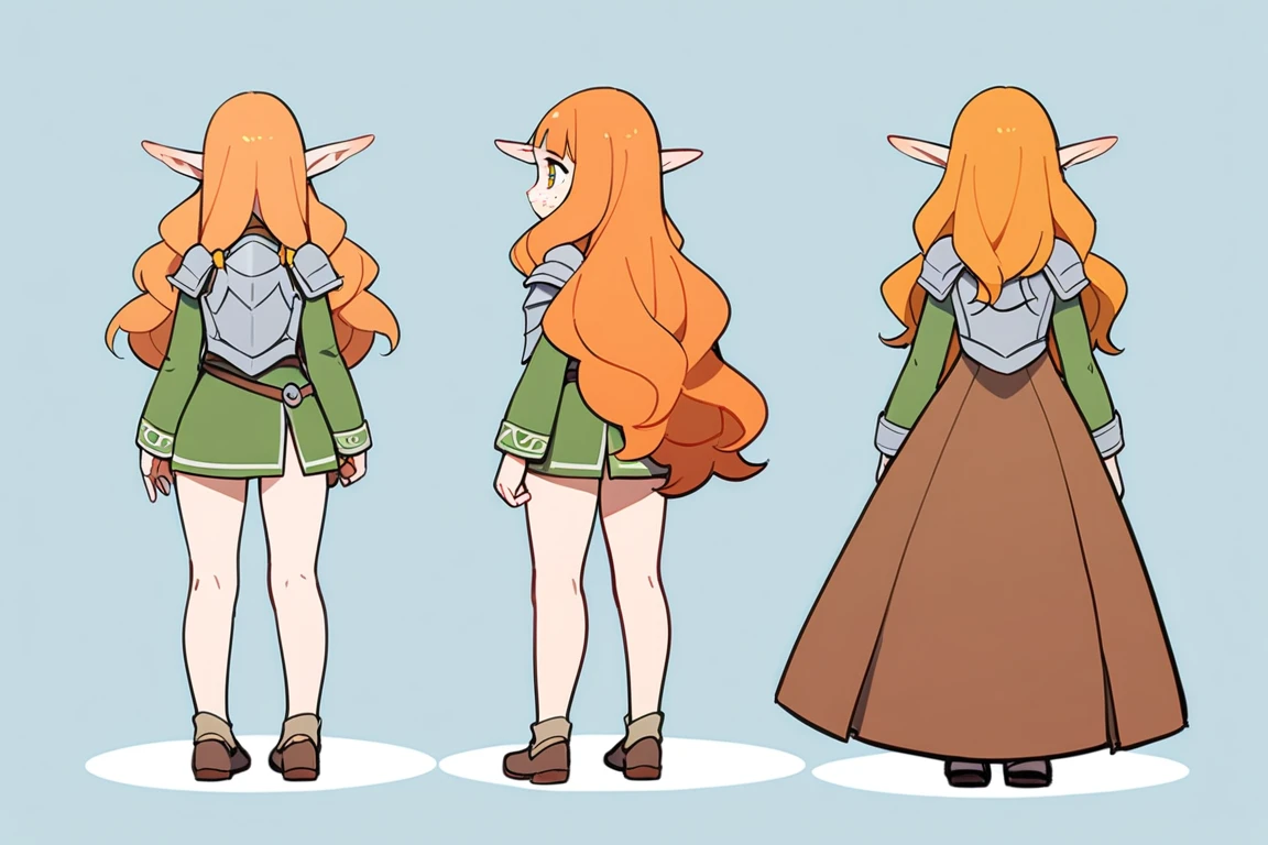（The same character，front，side，back）White background，（whole body）girl，Orange hair，Long curly hair，Green eyes，Wearing armor，Short skirt，Freckles，Elf ears，whole body像，Equal proportions，Same clothes，Same shoes，有side，有front，有back