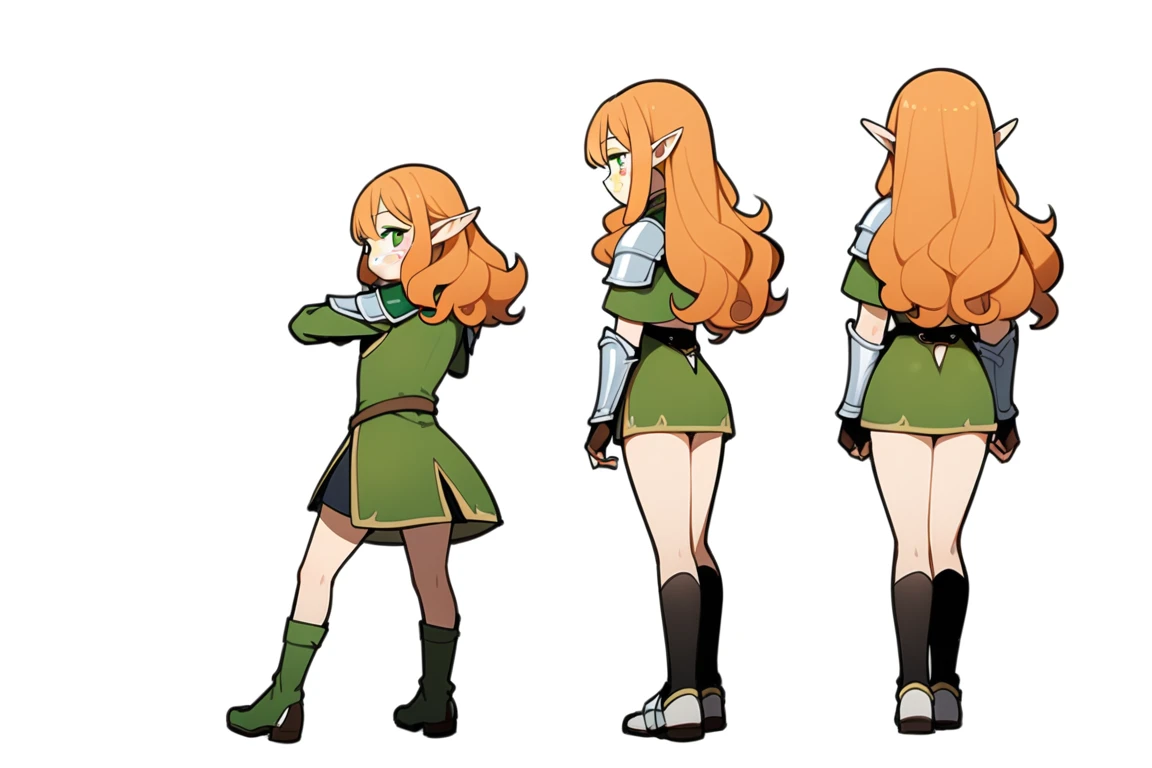 （The same character，front，side，back）White background，（whole body）girl，Orange hair，Long curly hair，Green eyes，Wearing armor，Short skirt，Freckles，Elf ears，whole body像，Equal proportions，Same clothes，Same shoes，有side，有front，有back
