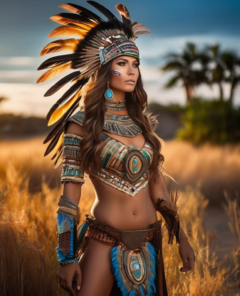 (full body shot) detailed, realistic Photo [1girl:1.5] [solo:1.5]. Frances Bentley is naked, beautiful alluring and delicate brave native noble (aztec warrior:1.2) and shaman [south american] with a [beautiful smile] standing in a clearing surrounded by tropical palms and a sunset. heroic posing. Perfect naked body but wearing some intricate and detailed traditional (aztec armor:1.2) with Feathered Ornaments, [Jaguar-Skin Cloak] and [warpaint]. She is [tall] with [big delicate breasts] and [delicate slim figure], this waist, wide hips, long skinny legs. Her [beautiful] [perfect] [highly detailed] long [cute face] looks very natural, wild and curly brown hair decorated with colorful feathers. [long defined chin], [high cheekbones], and a [nose with a slight upturn at the tip] Her [detailed upturned inquisitive eyes] looking straight to the camera [light blue eyes] with [thin small hard angled eyebrows] should have [black winged eyeliner] [long eyelashes] and [black eyeshadow]. Perfect symmetrical face, symmetrical eyes, sharp almond eyes, slim nose, sharp face. Gorgeous Face.