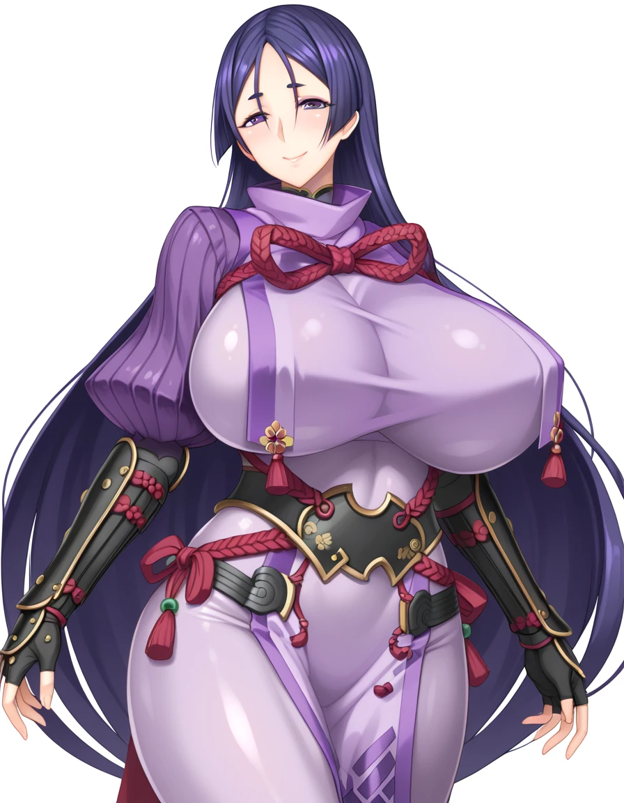 1girl,solo,perfect,high quality,faultless,
raikou, raikou, parted bangs, purple eyes, purple hair, long hair, hime cut, forehead, mature female,
arm guards, armor, black gloves, bodysuit, fingerless gloves, gloves, japanese armor, kote, loincloth, purple bodysuit, ribbed sleeves, tabard, toned,mother,maternal,maternal instinct,Super huge breasts,whipped thighs,smile,soft expression,near body,SFW,white background