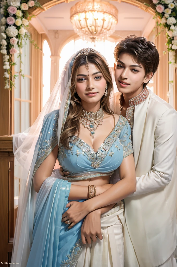 ((Mother and son loving couple together:1.9)), (( Fair skinned Indian Mother and teen son getting incest marriage picture:1.5)), Ultra detailed photo of a ultra sexual incredibly gorgeous Indian 32 year old sexy angelic supermodel mother bride, ((ultra sexy bridal miniskirt saree:1.5)), mystical lights, backlit, ((very detailed faces)), focus on face, (very deep cleavage:1.5), ink lines, dynamic, modern, awe inspiring, whimsical, complex, dreamlike, magical, visually stunning, high contrast, soft colors, high quality fingers, normal hands, detailed fingers, Absurd resolution, ((high resolution:1.5)), (masterpiece: 1.4), super detailed, (((detailed face, detailed expression)), (realistic, photo-realistic:1.37), (full body:1.5), (masterpiece), best quality, ultra beautiful woman, slender legs, sexy slender legs, thin waist, blonde hair, bright blue eyes, cute round ass, with a fun quirky smile, unbuttoned blouse, view from the front