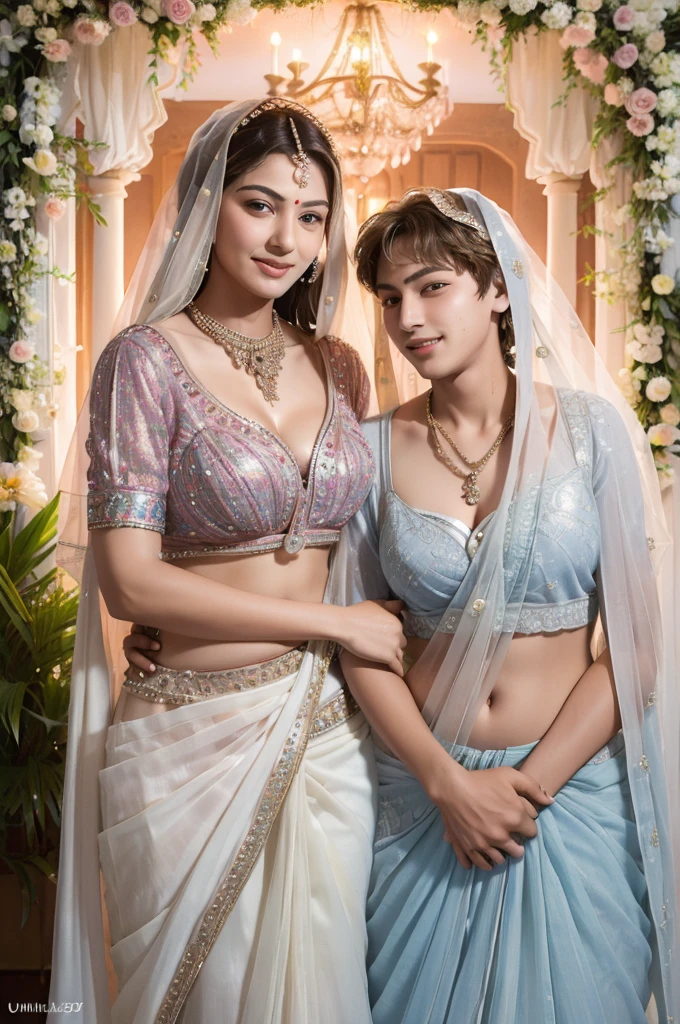 ((Mother and teen son loving couple together:1.9)), (( Fair skinned Indian Mother and teenage  son getting incest marriage picture:1.5)), Ultra detailed photo of a ultra sexual incredibly gorgeous Indian 32 year old sexy angelic supermodel mother bride, ((ultra sexy bridal miniskirt saree:1.5)), mystical lights, backlit, ((very detailed faces)), focus on face, (very deep cleavage:1.5), ink lines, dynamic, modern, awe inspiring, whimsical, complex, dreamlike, magical, visually stunning, high contrast, soft colors, high quality fingers, normal hands, detailed fingers, Absurd resolution, ((high resolution:1.5)), (masterpiece: 1.4), super detailed, (((detailed face, detailed expression)), (realistic, photo-realistic:1.37), (full body:1.5), (masterpiece), best quality, ultra beautiful woman, slender legs, sexy slender legs, thin waist, blonde hair, bright blue eyes, cute round ass, with a fun quirky smile, unbuttoned blouse, view from the front