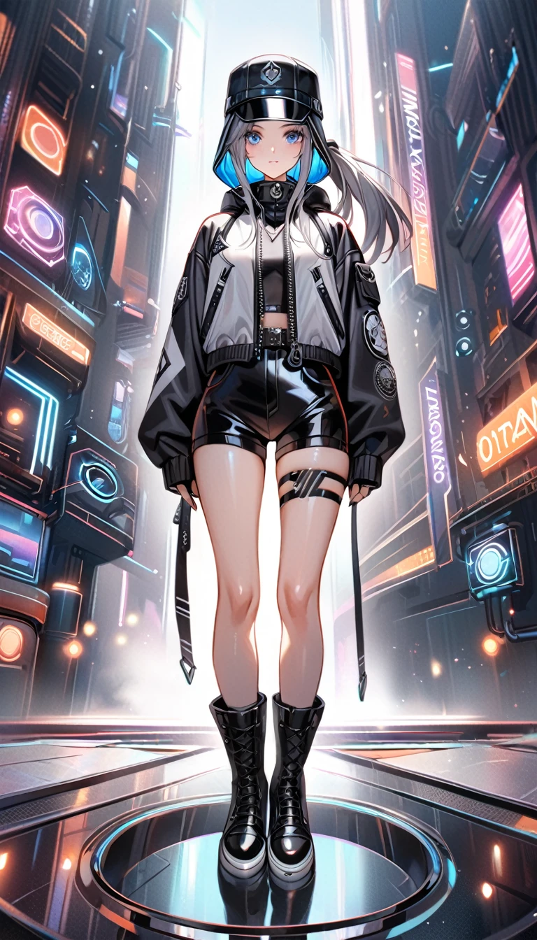 (nsfw), masterpiece, Best Quality, Realistic, Create an image of a young woman embodying futuristic fashion art. The scene should have the highest quality and realism, featuring an Instagram model named April. She should be shown in a full-body, wide-angle shot, standing confidently with a full body in the frame. She has an ultra-slim waist, medium firm breasts, a medium-sized buttocks, and beautiful sexy legs, showcasing sculptural beauty. Her skin is white and silky, with a thin neck and small head.

April is dressed in a striking white and black military print bodysuit paired with a sleek black leather belt with a futuristic metallic buckle and low-rise black leather shorts with zipper accents. She wears a sheer black mesh bomber jacket adorned with white and black military patches, and chunky black combat boots with silver hardware. Her look is fierce and bold, complemented by black fingerless gloves with white LED lights and high-tech accessories. She also sports a white and black camouflage print bucket hat and oversized black sunglasses with reflective lenses, adding an edgy attitude.

Her outfit is completed with a white and black military print backpack with multiple compartments, merging functionality with style. Her hair is styled in a sleek high ponytail with black and white ribbon accents, reflecting a futuristic hairstyle. April walks with a confident stride, exuding a hint of rebellion, embodying the essence of future street-chic fashion. She stands in a setting of concrete, fog, and mist, surrounded by realistic black shadows. Her face is detailed, cute, and slim, with a happy expression, duck mouth, perfect teeth, gray hair, and shiny blue eyes, looking directly at the viewer.