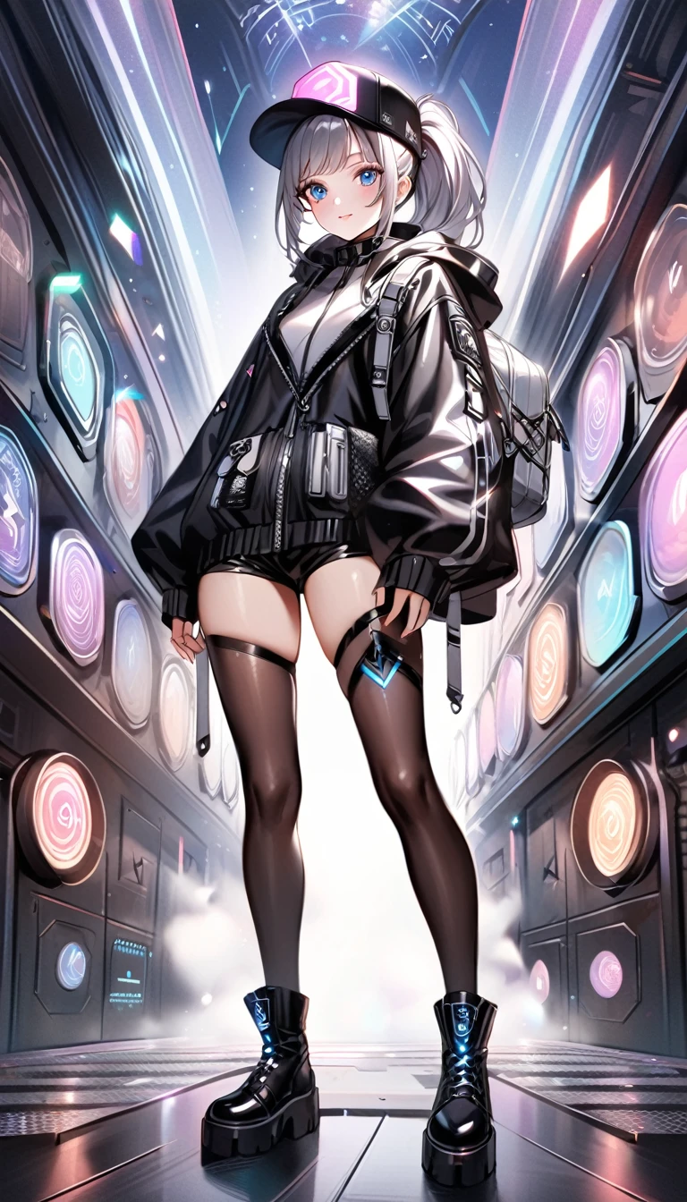 (nsfw), masterpiece, Best Quality, Realistic, Create an image of a young woman embodying futuristic fashion art. The scene should have the highest quality and realism, featuring an Instagram model named April. She should be shown in a full-body, wide-angle shot, standing confidently with a full body in the frame. She has an ultra-slim waist, medium firm breasts, a medium-sized buttocks, and beautiful sexy legs, showcasing sculptural beauty. Her skin is white and silky, with a thin neck and small head.
April is dressed in a striking white and black military print bodysuit paired with a sleek black leather belt with a futuristic metallic buckle and low-rise black leather shorts with zipper accents. She wears a sheer black mesh bomber jacket adorned with white and black military patches, and chunky black combat boots with silver hardware. Her look is fierce and bold, complemented by black fingerless gloves with white LED lights and high-tech accessories. She also sports a white and black camouflage print bucket hat and oversized black sunglasses with reflective lenses, adding an edgy attitude.
Her outfit is completed with a white and black military print backpack with multiple compartments, merging functionality with style. Her hair is styled in a sleek high ponytail with black and white ribbon accents, reflecting a futuristic hairstyle. April walks with a confident stride, exuding a hint of rebellion, embodying the essence of future street-chic fashion. She stands in a setting of concrete, fog, and mist, surrounded by realistic black shadows. Her face is detailed, cute, and slim, with a happy expression, duck mouth, perfect teeth, gray hair, and shiny blue eyes, looking directly at the viewer.