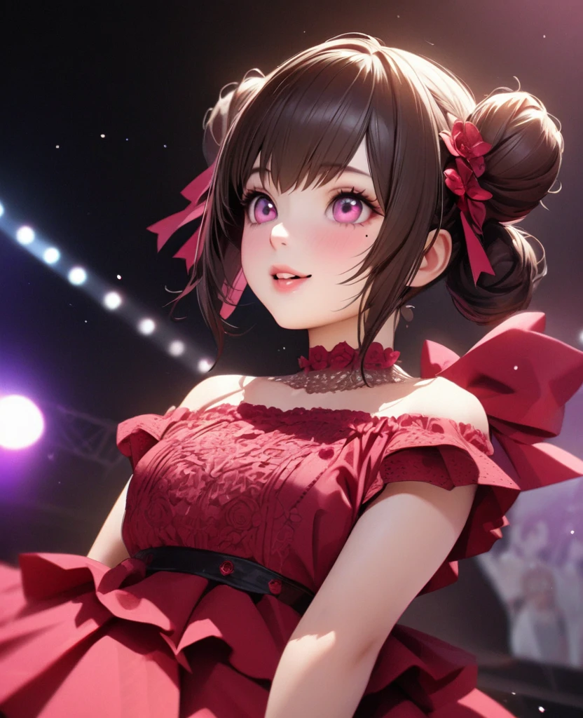 One Girl、Looking at the audience、lovely,
Beautiful pink eyes、Two brown double hair buns , Mole under the eye、Plump and glossy lips、Heart-shaped choca、Idol、Her name is Rico,smile、Hold the microphoneー、。.。.。.。.。.。.。.。.。.。.。.。.。.。.。.。.。.。.3D、Realistic、
off shoulder dress, Drape clothes、gem、The decoration has been removed、Floral、Lace trim,On a glittering stage、
masterpiece、highest quality、8k、Detailed skin texture、Detailed cloth texture、Beautifully detailed face、Intricate details、Very detailed、
超A high resolution、8k Ultra HD、Film Grain、Best Shadow、delicate、Gazing at the audience、front