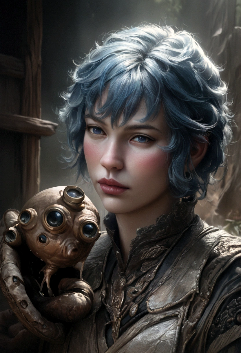 detailed robot octopus, blue haired age boy, blush on boy's face, boy puking white yoghurt, (best quality,4k,8k,highres,masterpiece:1.2),ultra-detailed,(realistic,photorealistic,photo-realistic:1.37), cinematic lighting, surreal, dark fantasy, muted colors, dramatic composition