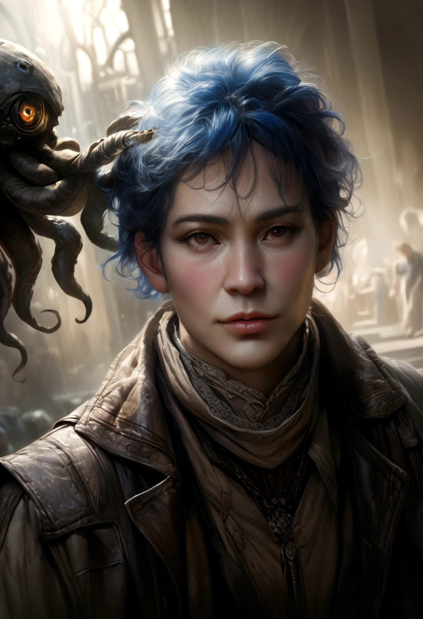 detailed robot octopus, blue haired teenage boy, blush on boy's face, boy puking white yoghurt, (best quality,4k,8k,highres,masterpiece:1.2),ultra-detailed,(realistic,photorealistic,photo-realistic:1.37), cinematic lighting, surreal, dark fantasy, muted colors, dramatic composition
