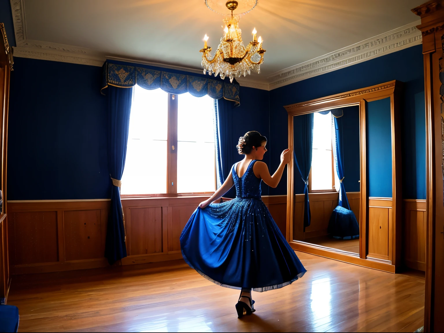 masterpiece, 4k, dark royal blue, with some sparkles, with some magical decorations and different decorations, vintage, sunlight and warmer color with girl decoration, dance room, fantasy style