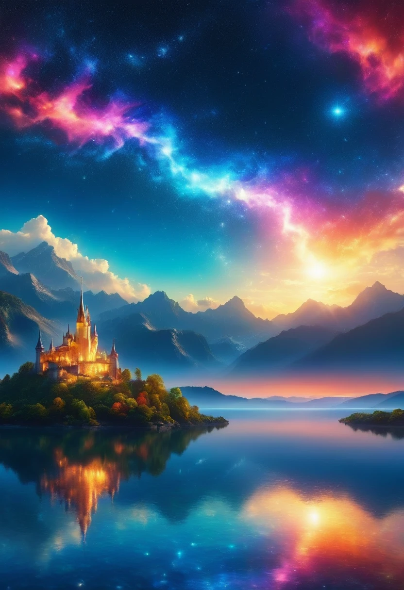 (8k, Highest quality, masterpiece, ファイナルFantasyスタイル: 1.2), (unrealistic, Realistic: 1.37), (A female wizard standing by a lake, Big swinging bust, Cover the whole body with light, With sword and fire, Her sword shines in the heavens:1.1), Dreamy landscape, Fantasy, unrealisticな風景, Very detailed, Flying medieval castle, Floating Island, Seven-colored light swirl, (meteorのMr..A small, shiny, long-tailed bird soaring through the sky:1.3), Aurora, Intense lightning, milky way, Complex Light, Mr..々color light, Large Lake, Starry sky reflected on the lake, Countless shining stars, meteor, たくさんのmeteor, Aura, (A pillar of light appeared from the ground.:1,2), 複雑な文Mr..Magic Circle,