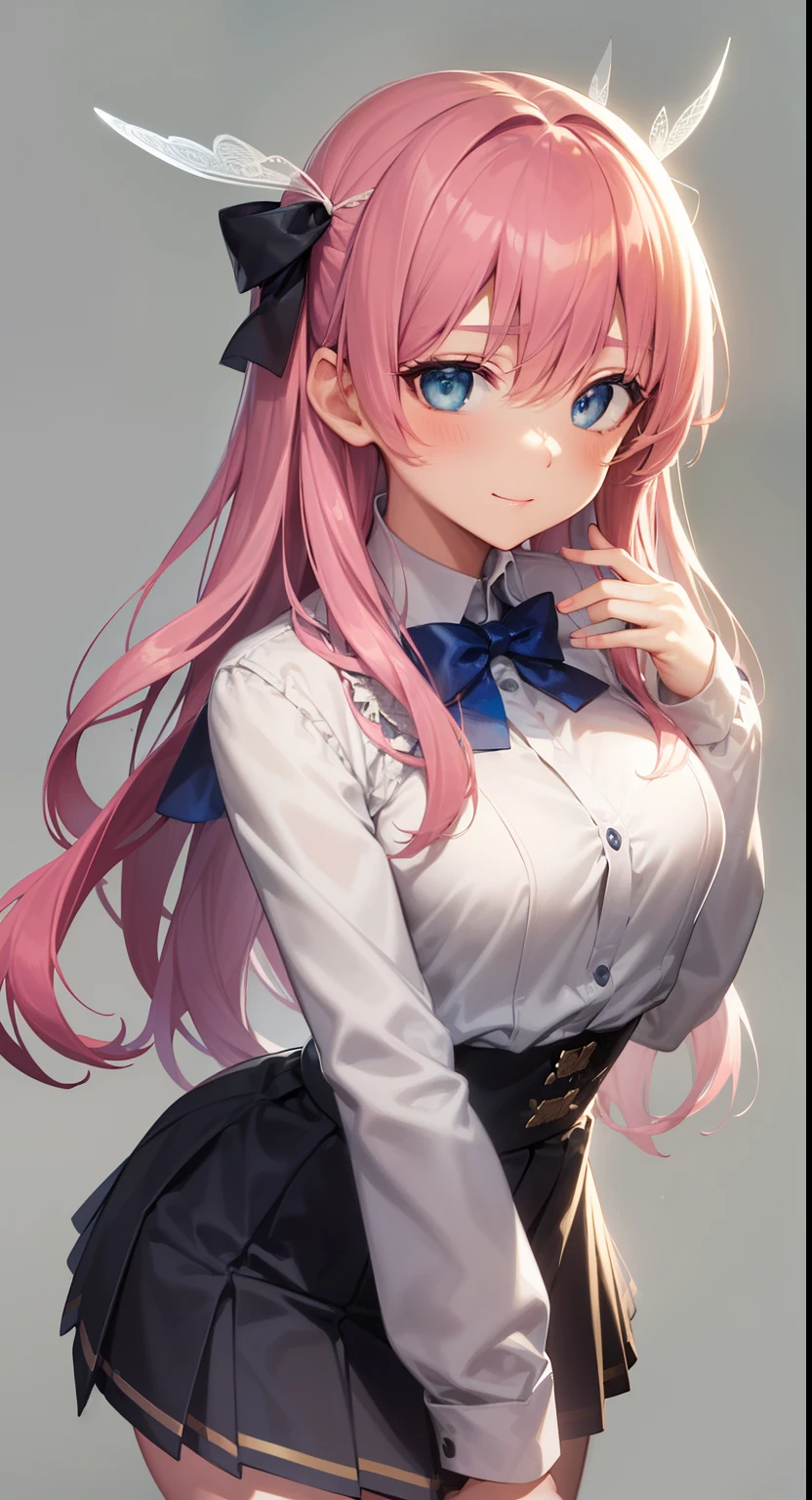 （shy：1.5），，（Small breasts：2），Blushing，（Blushing face:1.3），Perfect hands，（Blush：2），Yuokahara Village, Notaka Haramura, blue eyes, Hair bow, Long hair, Pink Hair, bow,
Blake Blue skirt, Clarification , Pleated Skirt, , Seraph, skirt, looking at viewer, best quality, high resolution, Unity 8k Wallpaper, (illustration:0.8), (Beautiful and delicate eyes:1.6), The face is rich in detail, Perfect lighting, Extremely detailed CG, (Perfect hands, Perfect anatomical structure),Charming smile,Solid color background，Gray background