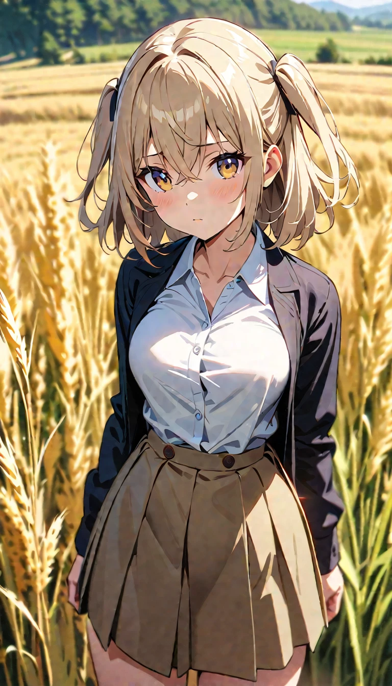 ((Top Quality)), ((Masterpiece)), (Detail), high resolution, Perfect Face, Fine Eyes, Depth of Field, Special Shading, cowboy shot, (1 Beautiful girl), medium breasts, (wheat beige hair, medium hair, two side up, hairs between eyes, crossed bangs)), , dress shirt, pleated skirt, Scenery of the countryside, anime style