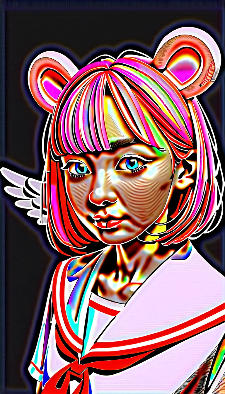 Skiing style, 1 Girl, Solo, Pink hair, Animal ears, blue eyes, Wings, View Viewer, mole, Bangs, Short hair, bye, Sailor collar, Simple background, white Sailor collar, mole under mouth, hair bye, pink bye, Closed mouth, shirt, white shirt, Bear ears, Bob Cut, mini Wings, Gray background, Portrait, detached Wings, Wearing natural makeup, Upper body, White background