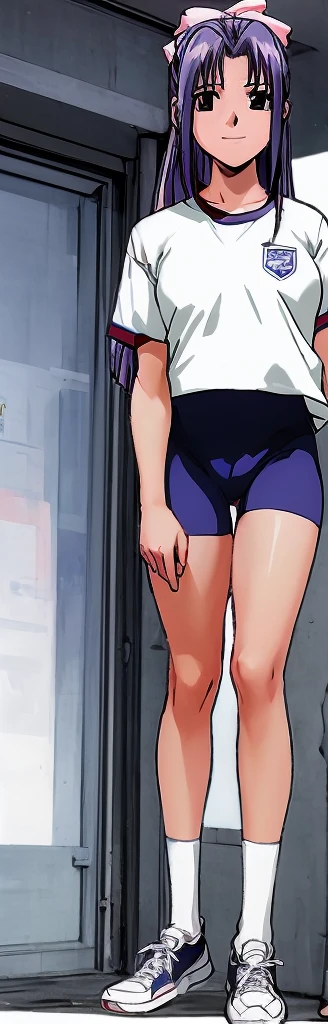 Momoko Koigakubo, a tall girl with beautiful legs, is standing with a smile on her face in a white gym uniform and light navy blue bloomers that look like panties.。Oblique angle。