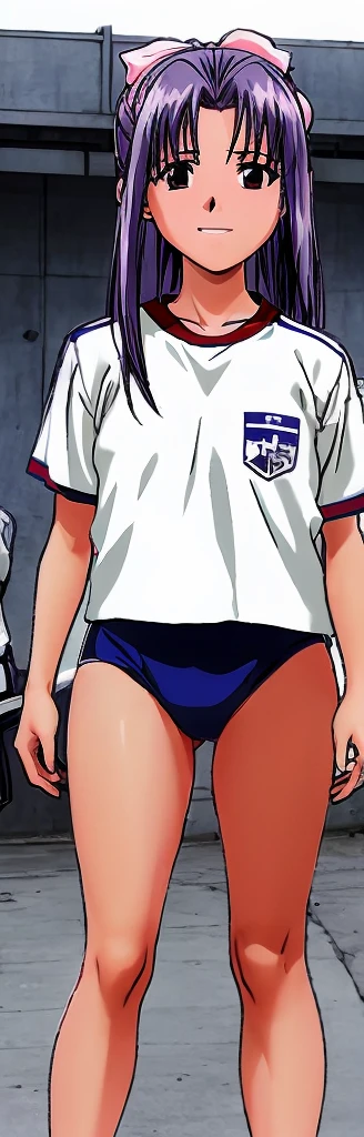 Momoko Koigakubo, a tall girl with beautiful legs, is standing with a smile on her face in a white gym uniform and light navy blue bloomers that look like panties.。Oblique angle。