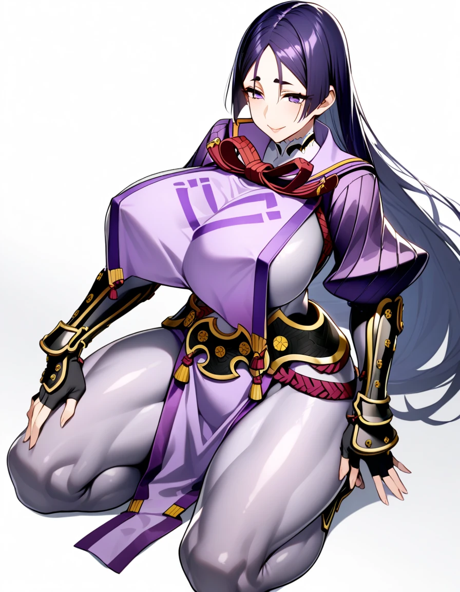 1girl,solo,perfect,high quality,faultless,
raikou, raikou, parted bangs, purple eyes, purple hair, long hair, hime cut, forehead, mature female,
arm guards, armor, black gloves, bodysuit, fingerless gloves, gloves, japanese armor, kote, loincloth, purple bodysuit, ribbed sleeves, tabard, toned,mother,maternal,maternal instinct,Super huge breasts,whipped thighs,smile,soft expression,full body,SFW,white background