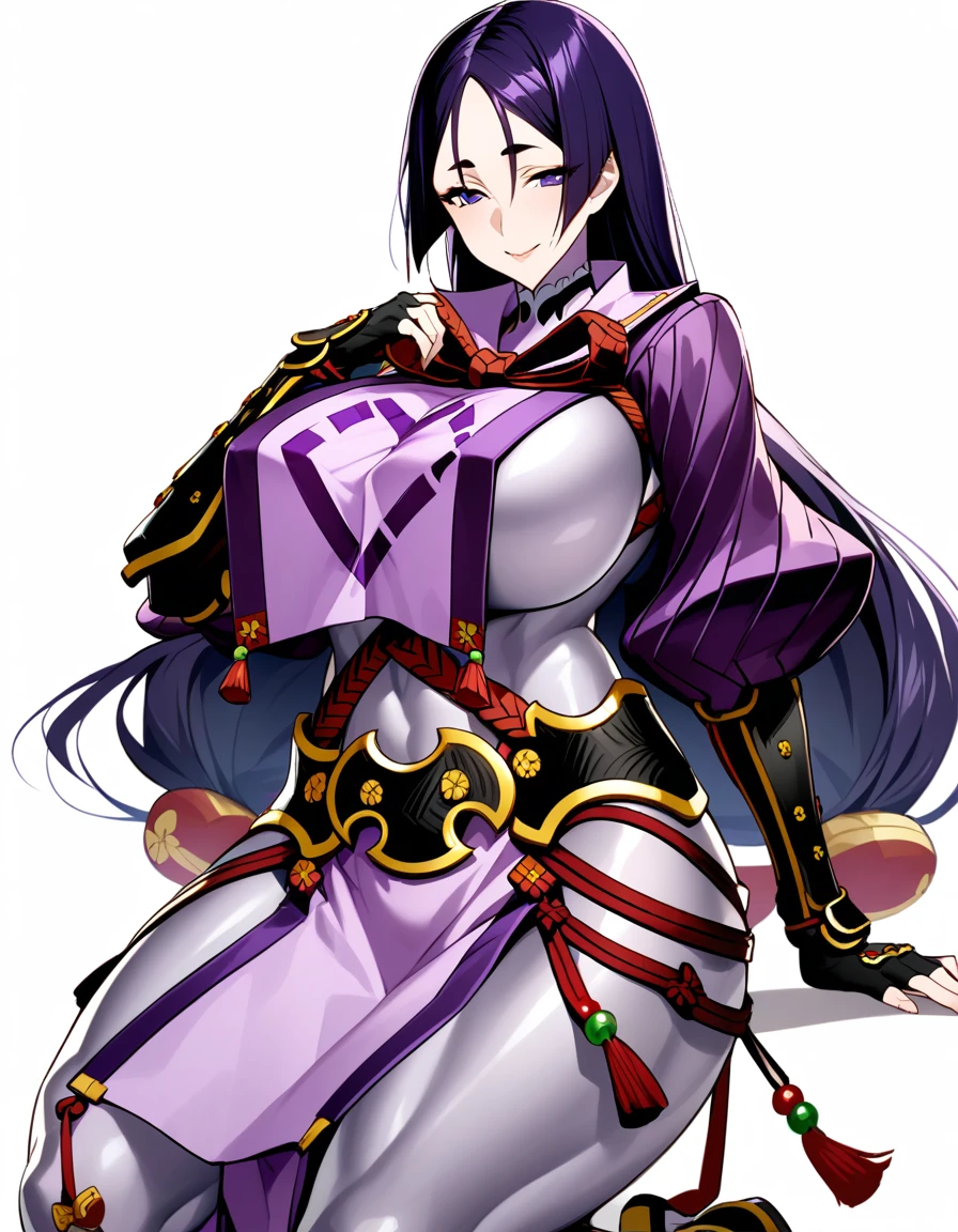 1girl,solo,perfect,high quality,faultless,
raikou, raikou, parted bangs, purple eyes, purple hair, long hair, hime cut, forehead, mature female,
arm guards, armor, black gloves, bodysuit, fingerless gloves, gloves, japanese armor, kote, loincloth, purple bodysuit, ribbed sleeves, tabard, toned,mother,maternal,maternal instinct,Super huge breasts,whipped thighs,smile,soft expression,full body,SFW,white background