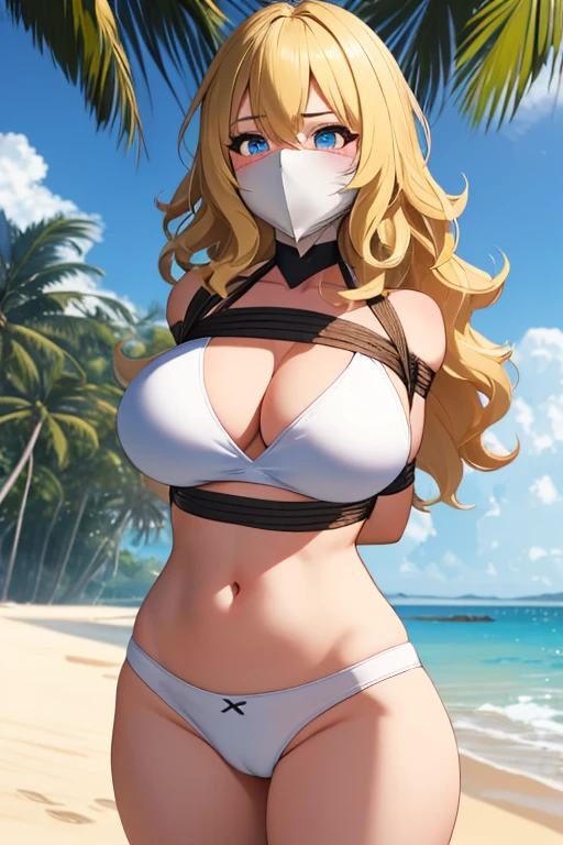 1 girl, detailed blue eyes, lange wimpern, detailed beautiful face, a Bit curly hair, (Long blonde hair:1.4), (arms behind back:1.6), gefesselte Arme, blushing, (Big boobs:1.1), White Bikini, White crop top, OTN, Gag, gagged, shibari, tied Gag, standing at a beach