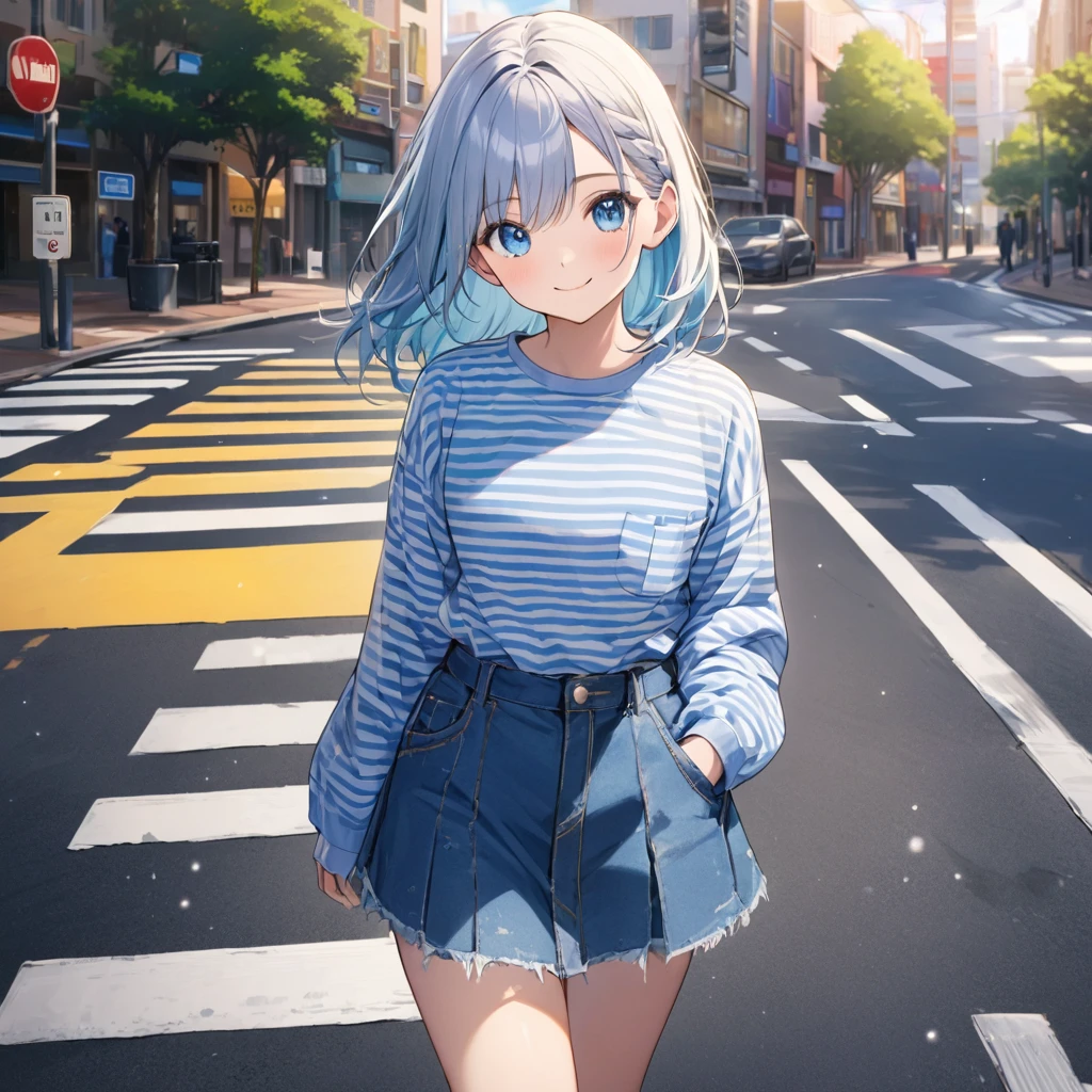 (8K, best quality, master piece: 1.2), super high resolution,Official Art,detailed eyes, 1 girl, solo, 16yo,smile, looking at viewer,standing on the asphalt ground,long sleeved white and blue striped pattern T-shirt, denim skirt with a cat-shaped pocket,Crosswalk,striped pattern Street sign,striped pattern,stationery,Cinema Lighting,storebubbles