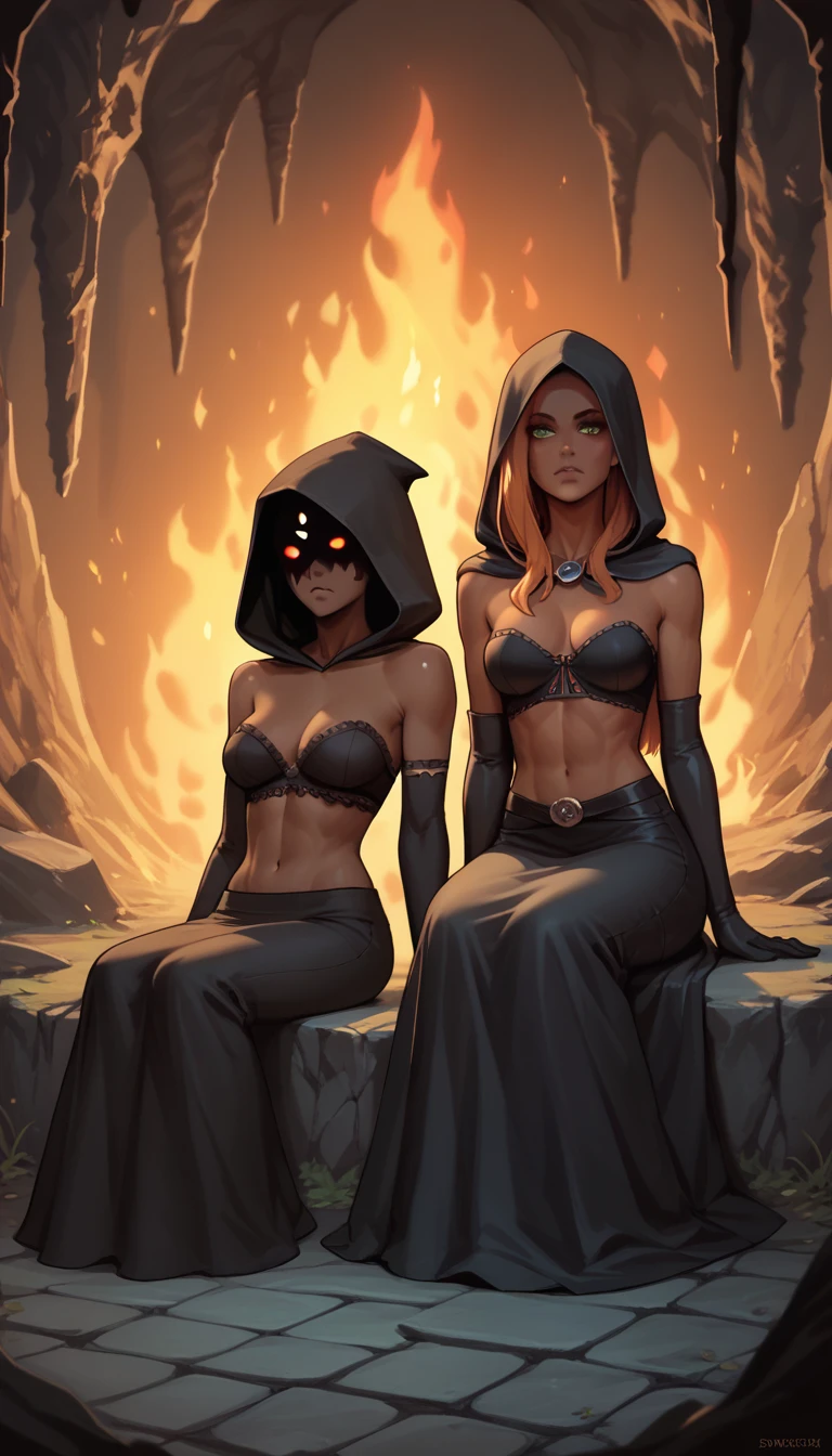 Dsorceress,shadowy face,dark cave,fire, hood,shadowed face,strapless bra,skirt,elbow gloves, dark skin, sitting, 2girls,twin, (insanely detailed, masterpiece, best quality),