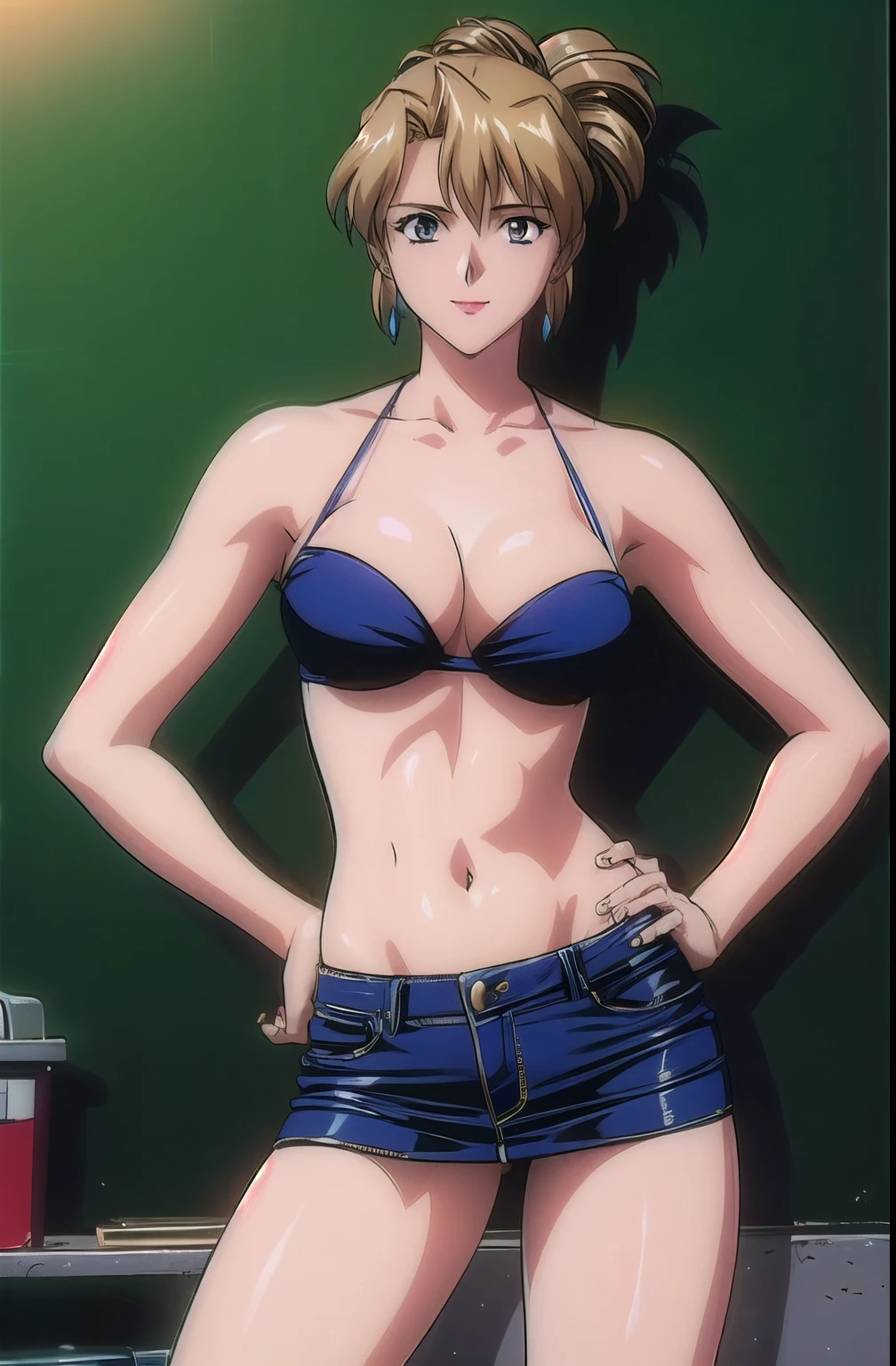 masterpiece, best quality, 1girl, looking at viewer, medium height, ultra detailed, cowboy shot, big head, folded ponytail, teacher, classroom, chalkboard, bright image, (orange halter top, cleavage denim skirt), hot colors, long belly, lip stick, smile, big breasts, white skin, lights, hands on hips, high brightness, wide hips, little abs