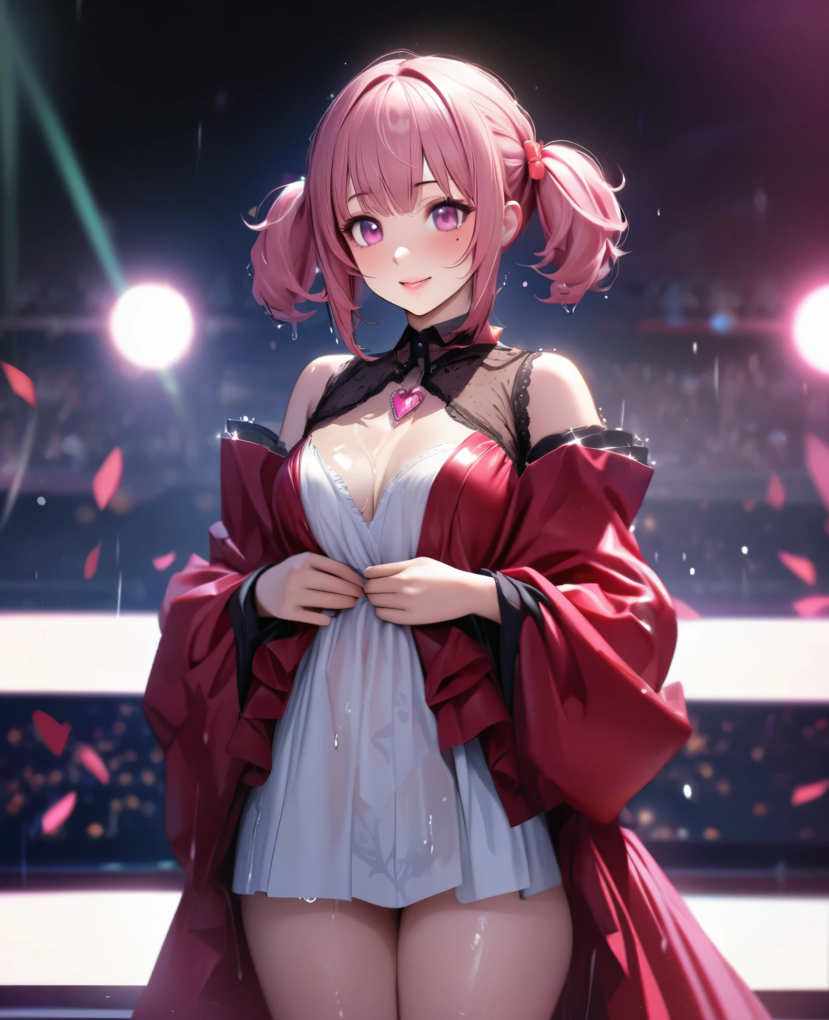 One Girl、Looking at the audience、lovely,
Beautiful pink eyes、short twin tail hair , Mole under the eye、Plump and glossy lips、Heart-shaped choca、Idol、Her name is Rico,smile、ー、。.。.。.。.。.。.。.。.。.。.。.。.。.。.。.。.。.。.3D、Realistic、
The idol's costume was soaked in the heavy rain, and her chest was wet and transparent.Heavy rain at outdoor concert, Drape clothes、gem、The decoration has been removed、Floral、Lace trim,On a glittering stage、
masterpiece、highest quality、8k、Detailed skin texture、Detailed cloth texture、Beautifully detailed face、Intricate details、Very detailed、
超A high resolution、8k Ultra HD、Film Grain、Best Shadow、delicate、Gazing at the audience、front