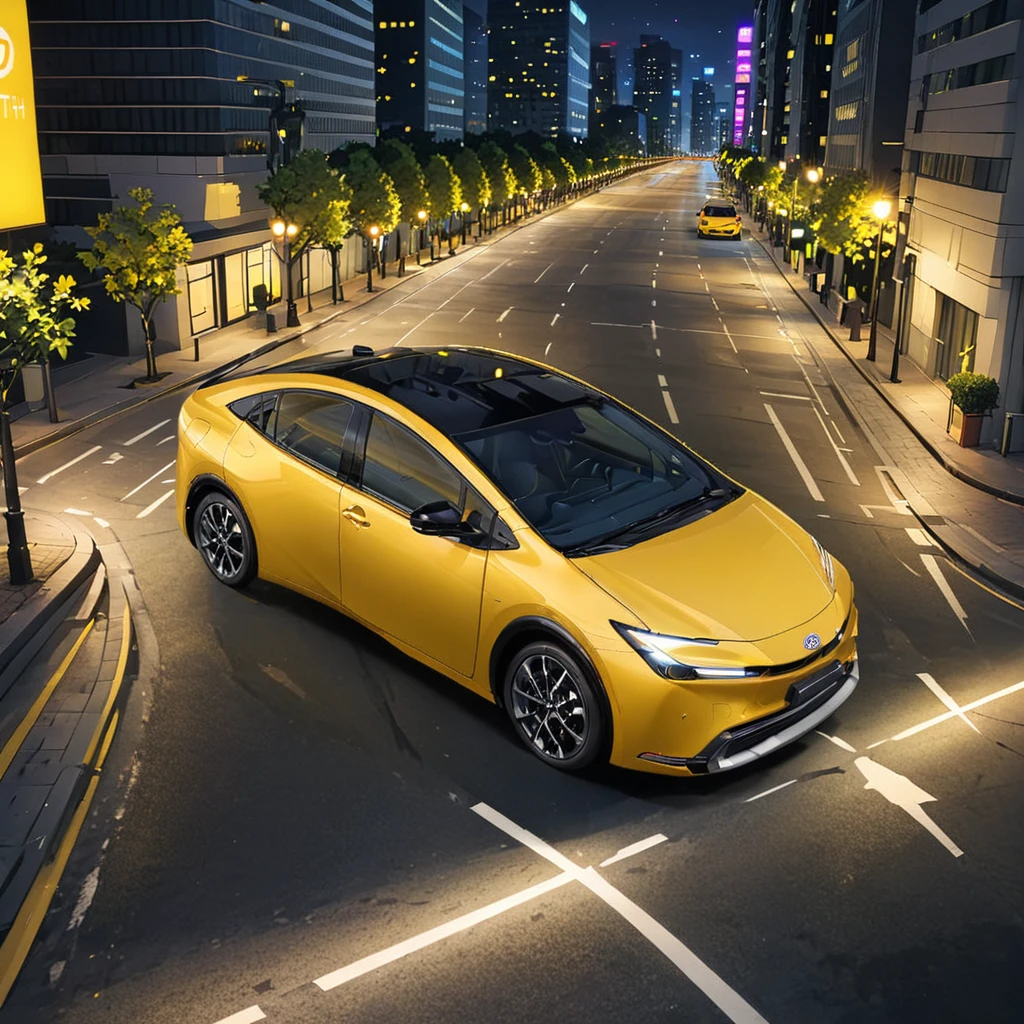 tprius, parked yellow car, city, digital world, circuit path as street, lights, flowing, stylish,
