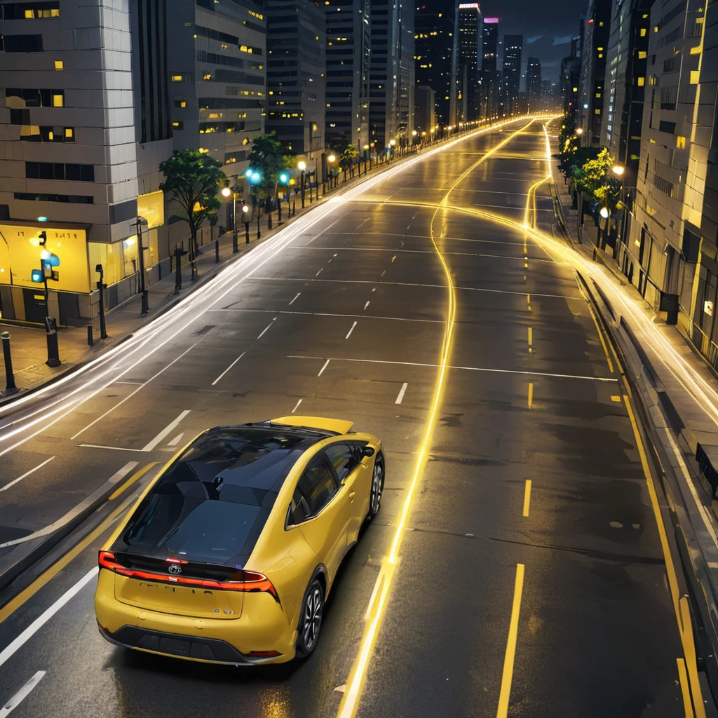 tprius, parked yellow car, city, digital world, circuit path as street, lights, flowing, stylish,
