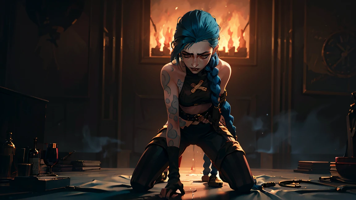 (masterpiece, Best quality), 1 girl, portrait, very sexy, crazy look, smile, crying, pink tears, tears on the cheeks, tears from eyes, full length (full body 1.1.), очень feminine, fighting stance, battle, fire, explosions, burning city, beautiful waist, gloomy composition, flame, fire, Flash, very beautiful, feminine, long hair, hair braided in long braids, very sexy, tight leather pants, emphasis on the eyes, face accent, Beautiful face, Hands, Hair, Haired ponytail, red purple eyes, Джинкс crying, Blue cloud tattoo, (masterpiece, Best quality), Side lighting, beautiful detailed eyes, crazy face), (Best quality), (masterpiece), magic photography, Spectacular lighting, Photorealism, ultra detailed, интимная portraitная композиция, 1. 4,8 k UHD, aesthetic, Cd., A high resolution, 8 k, better lighting, Best shade, Ultra-HD, A high resolution, sharp focus, complex background, Cinematic lighting, ((Landscape view)), 4K block, (better lighting), ((Cinematic lighting)),