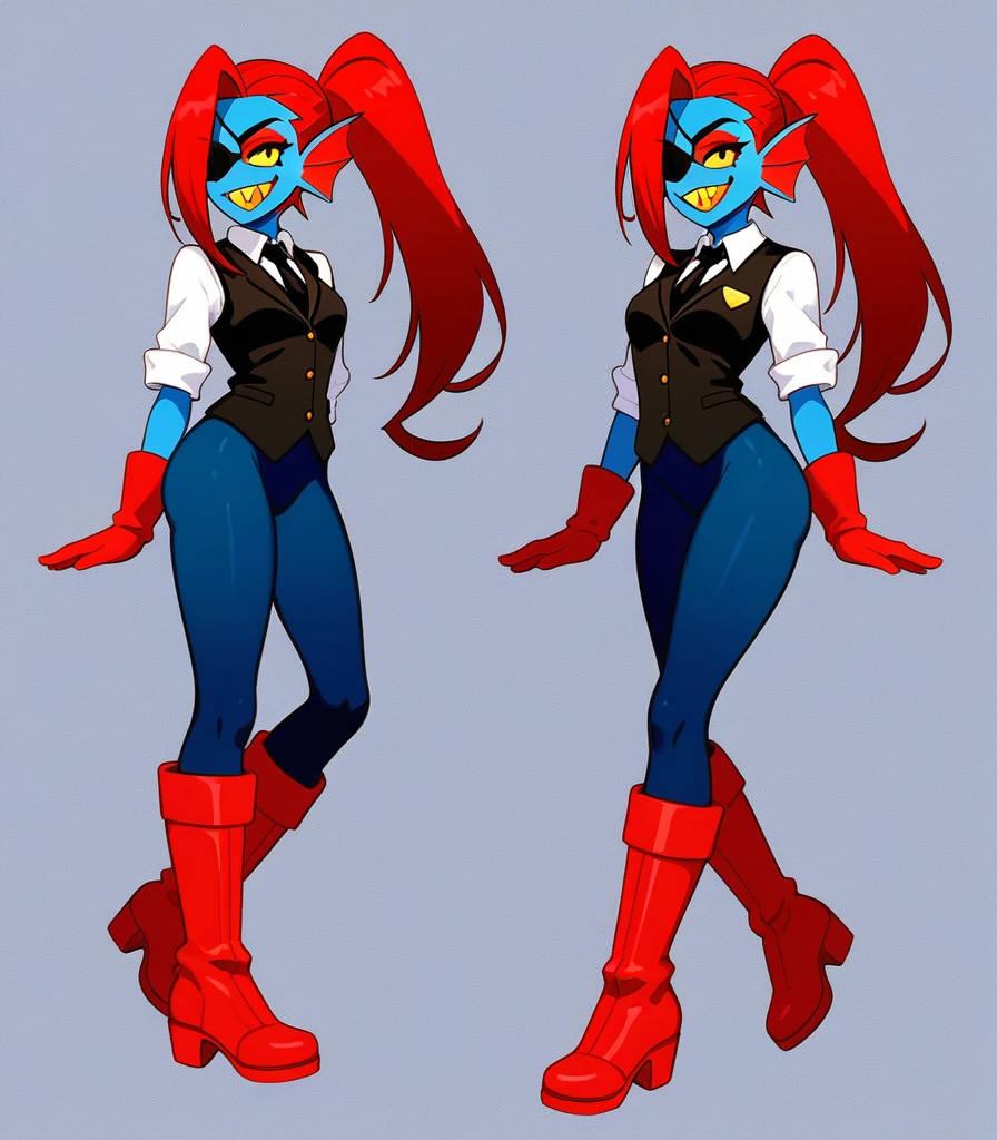 Fraction_9,Fraction_8_direction_7_Top, undyne from undertale, Toothy,Sharp yellow teeth, Eye mask, Black eyes, Yellow sclera, Wearing a black vest,Tights,Red boots with stripes