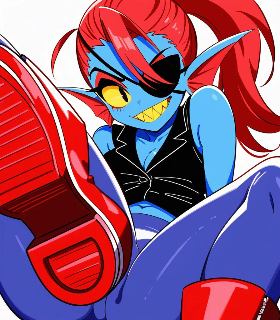 Fraction_9,Fraction_8_direction_7_Top, undyne from undertale, Toothy，Sharp yellow teeth, Eye mask, Black eyes, Yellow sclera, Wearing a black vest，Tights，Red boots with stripes