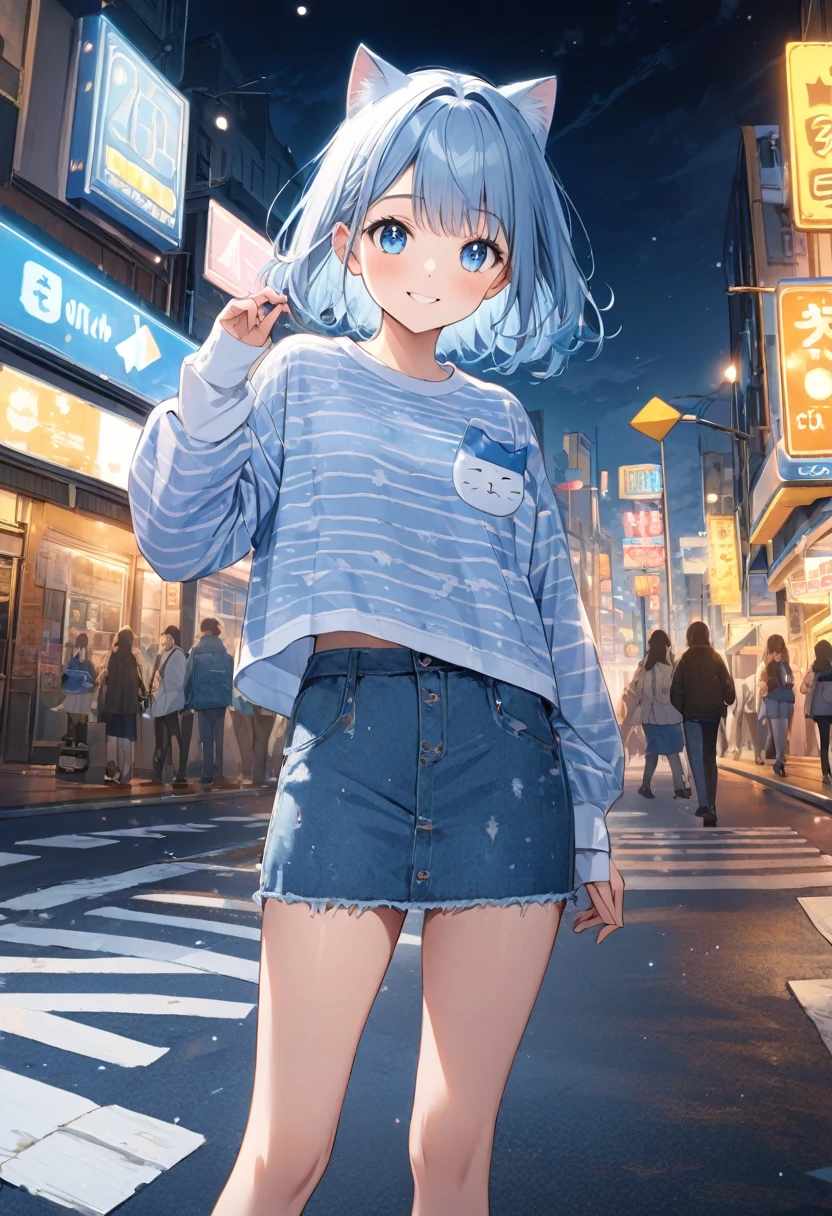 (8K, best quality, master piece: 1.2), super high resolution,Official Art,detailed eyes, 1 girl, solo, 16yo,smile, looking at viewer,standing on the asphalt ground,long sleeved white and blue striped pattern T-shirt, denim skirt with a cat-shaped pocket,Crosswalk,striped pattern Street sign,striped pattern,stationery,Cinema Lighting,storebubbles
