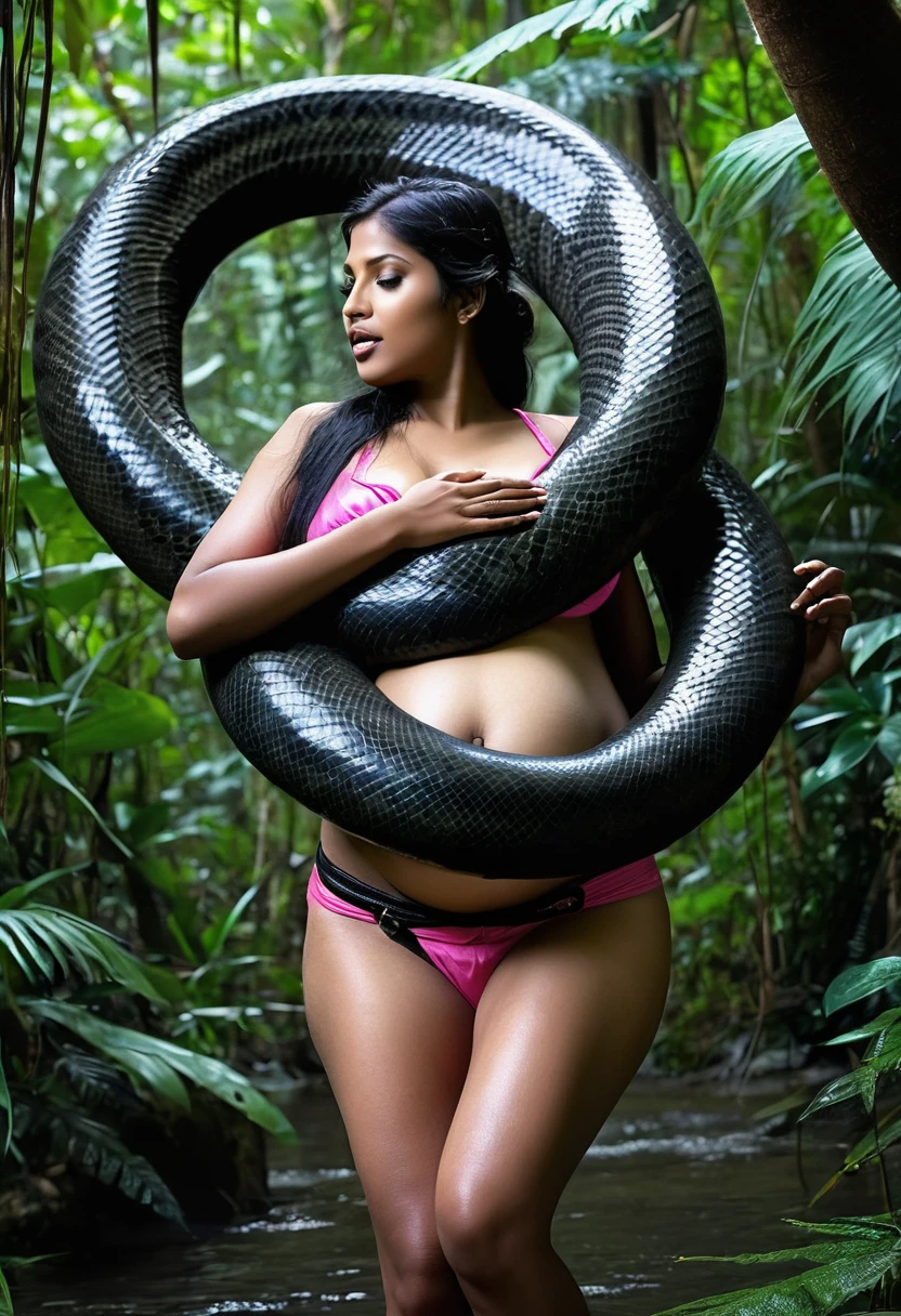 Pregnant Topless pink thong wearing aroused horny beautiful happy young Indian girl vs Giant black anaconda monster wrapped around her body squeezing her in coiled embrace cuddling and kissing sexual erotic bestiality sex realistic in the rainforest full body, best quality wet