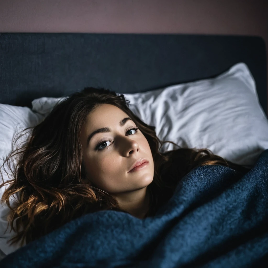 c'est une femme, allongée dans son lit, le visage recouvert en partie par une couverture. The scene takes place in morning colors and it is a little dark