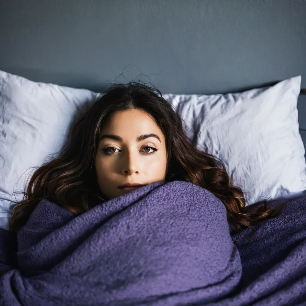 c'est une femme, allongée dans son lit, le visage recouvert en partie par une couverture. The scene takes place in morning colors and it is a little dark