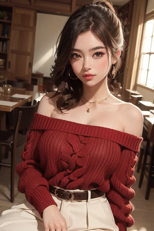 ((Highest quality)), ((masterpiece)), (detailed), One girl, Off-the-shoulder sweater, 