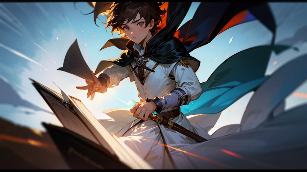 （Absurd，High resolution，Super detailed）， masterpiece， The best quality at its best， a boy with in white outfit， Hold the book， Cape， Witcher， solo， good looking， Short fine hair， Brown Hair， Grey Eyes， Glowing Eyes， Luminous effect， Cyan Wind Vortex， Fine Eye， Detailed face， Spark of Light， Swirl， Magical Vortex， isolated land background， Looking down from below，