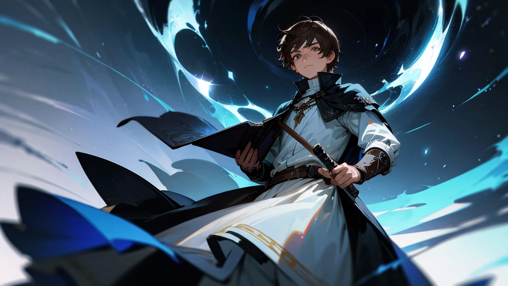 （Absurd，High resolution，Super detailed）， masterpiece， The best quality at its best， a boy with in white outfit， Hold the book， Cape， Witcher， solo， good looking， Short fine hair， Brown Hair， Grey Eyes， Glowing Eyes， Luminous effect， Cyan Wind Vortex， Fine Eye， Detailed face， Spark of Light， Swirl， Magical Vortex， isolated land background， Looking down from below，