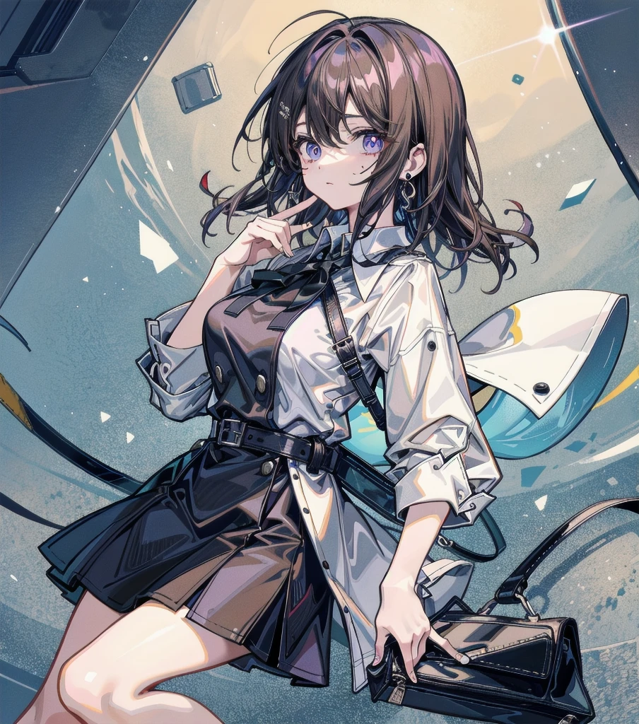 medium hair, medium tits, tearful mole, earring, full body, collared shirt dress,