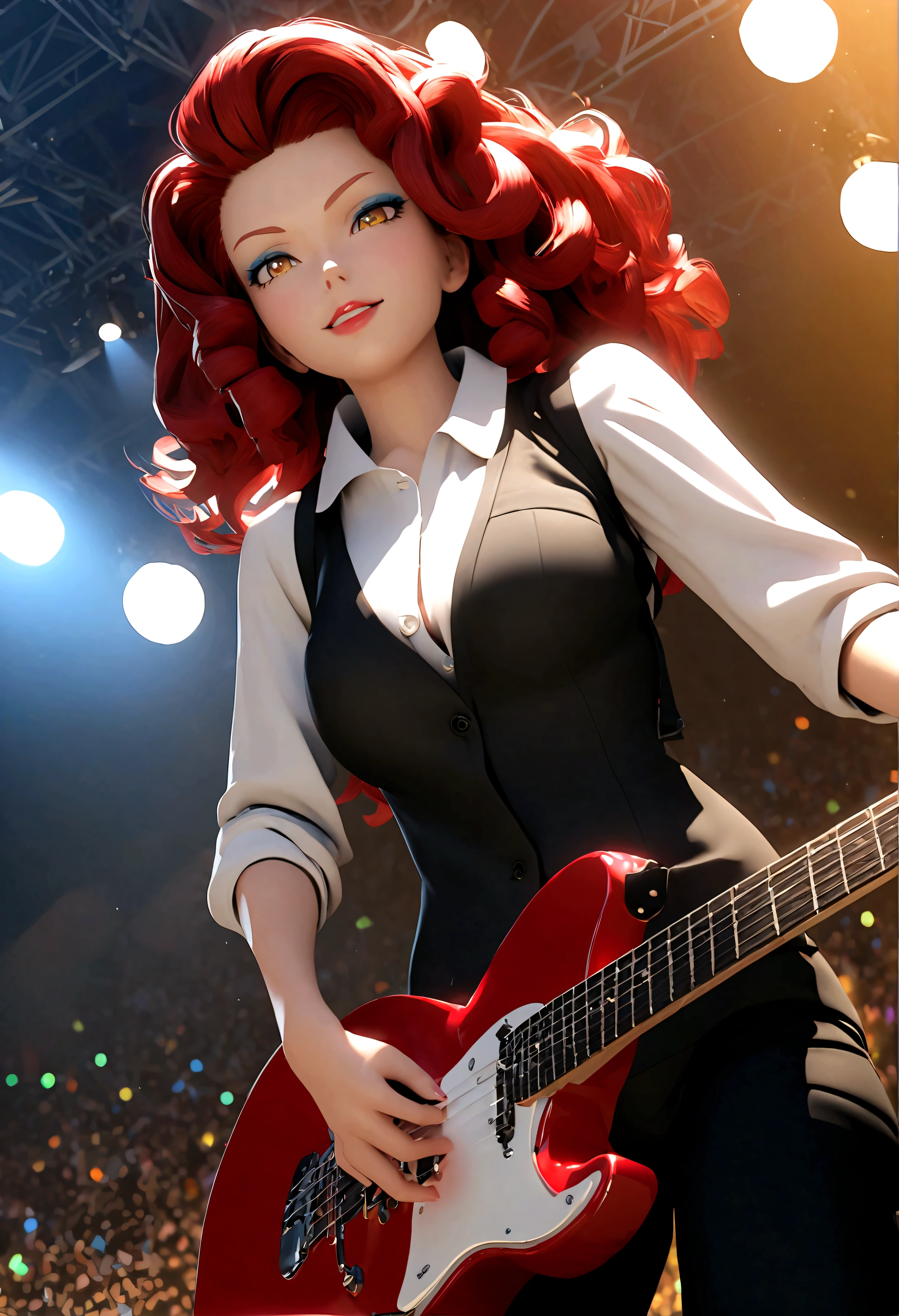 3D anime character,animate,real,1 girl,30 years old,glamorous,medium hair,((perm)),wavy hair,red hair,forehead,Voluminous curly hair,seductive smile,Light blue eyeshadow,red eyebrows,yellow eyes,tsurime,narrow eyes,half opend eyes,red lips,Confident expression,light smile,calm,looks crisp,black vest,white shirt,collared shirt,Unbutton the top button of shirt,black pants, BREAK standing,singing,play the red guitar,stage,The background features bold,colorful lettering and stage lights,capturing a lively,energetic performance