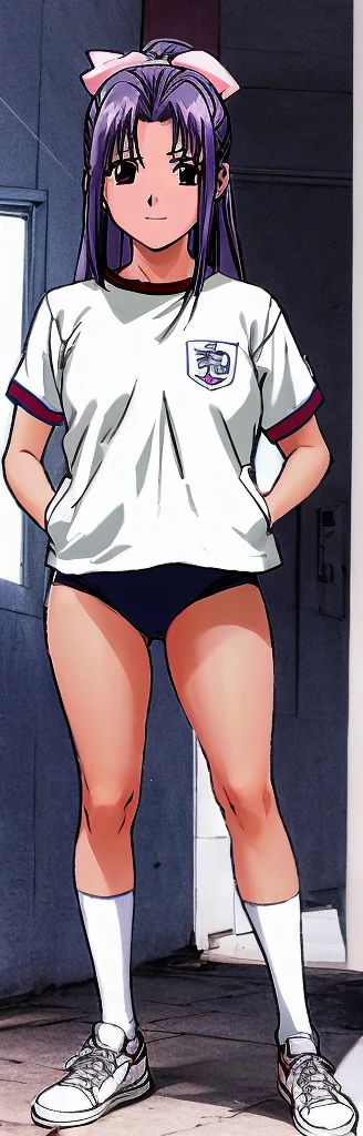 Momoko Koigakubo, a tall girl with beautiful legs, is wearing white gym clothes and light navy blue bloomers that look like panties, and is standing with her legs spread apart with a smile.。