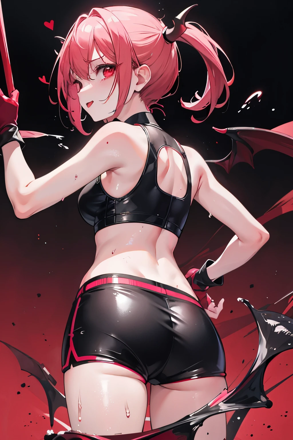 underdressing,Love,Playful,Sticking out tongue,Red Eyes,Sweat,Soaked,liquid,transparent,Expression of disgust,Back,Cropped tops,Leather Shorts,succubus,pink