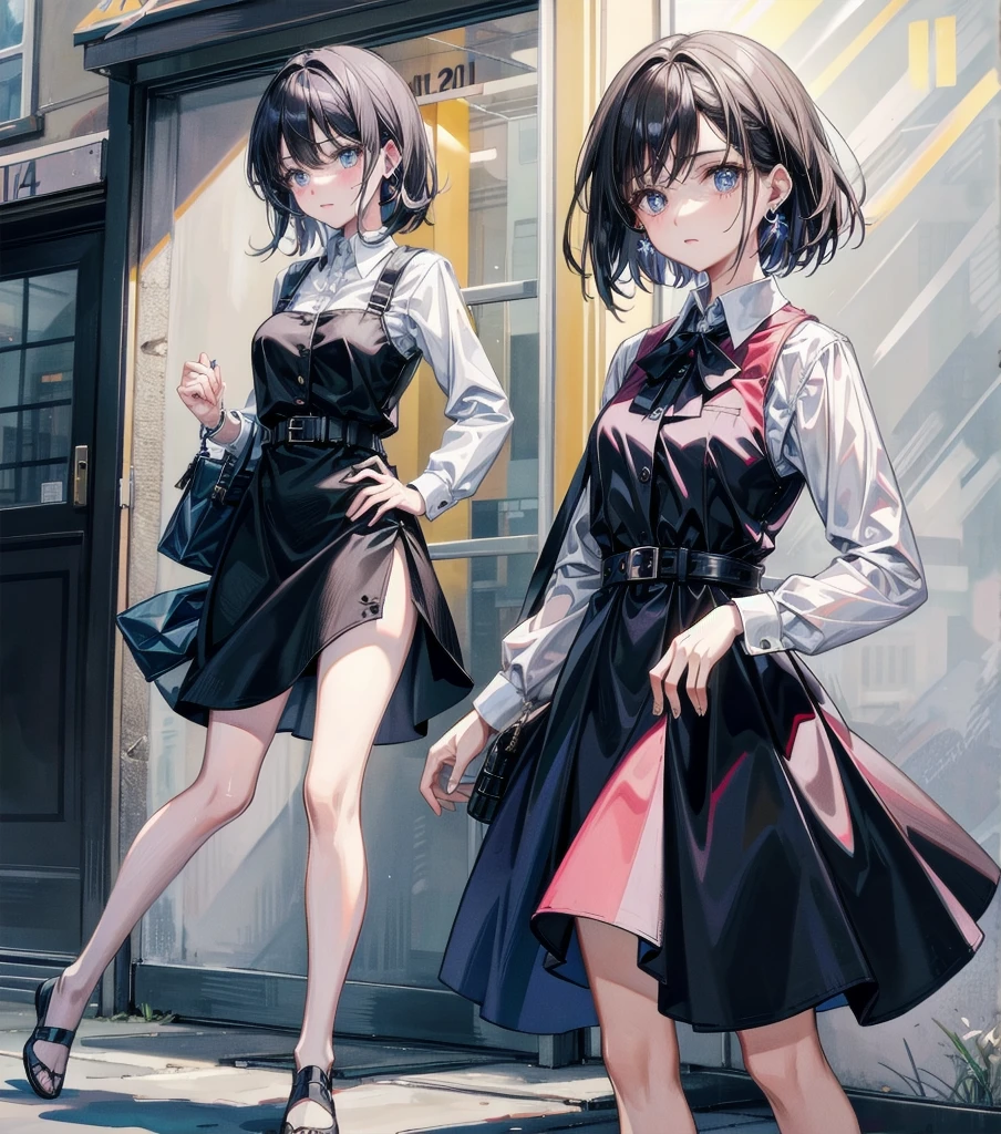 medium hair, medium tits, tearful mole, earring, full body, collared shirt dress,