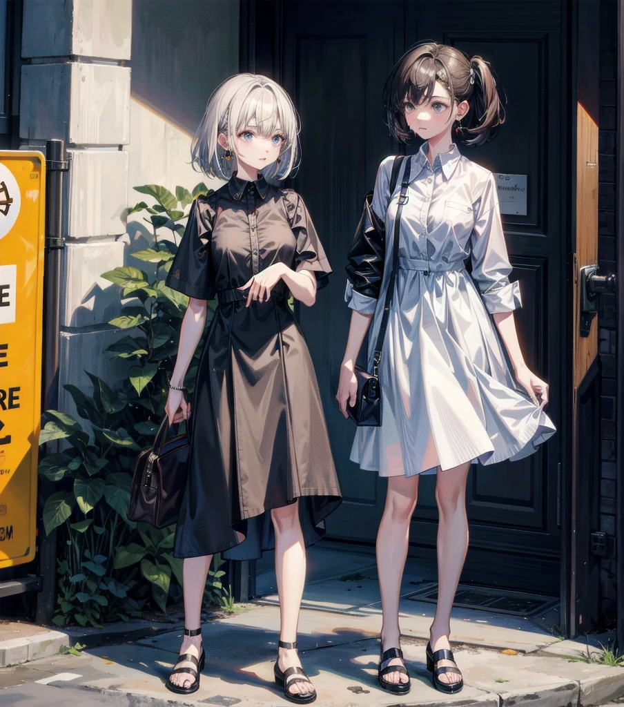 medium hair, medium tits, tearful mole, earring, full body, collared shirt dress,