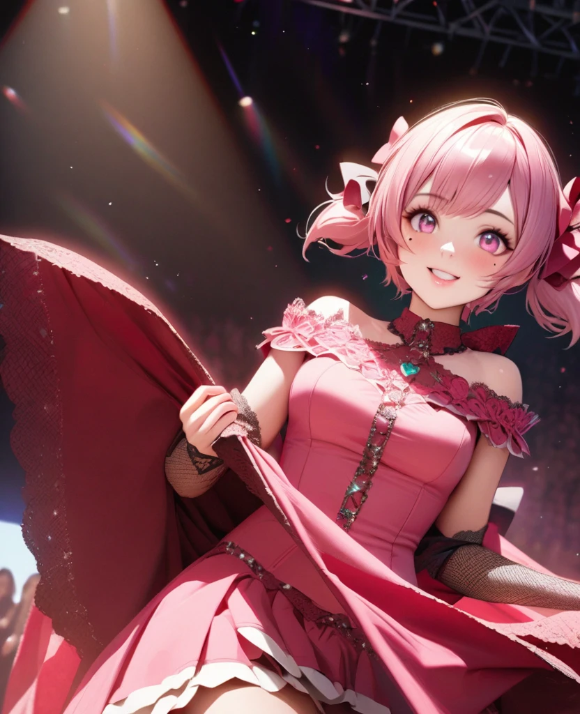 One Girl、Looking at the audience、
Beautiful pink eyes、short twin tail hair , Mole under the eye、Plump and glossy lips、Heart-shaped choca、Idol、Her name is Rico,smile、ー、。.。.。.。.。.。.。.。.。.。.。.。.。.。.。.。.。.。.3D、Realistic、
off shoulder dress, Drape clothes、gem、The decoration has been removed、Floral、Lace trim,On a glittering stage、
masterpiece、highest quality、8k、Detailed skin texture、Detailed cloth texture、Beautifully detailed face、Intricate details、Very detailed、
超A high resolution、8k Ultra HD、Film Grain、Best Shadow、delicate、Gazing at the audience、front