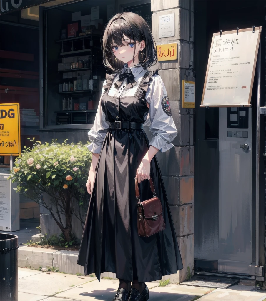 medium hair, medium tits, tearful mole, earring, full body, collared shirt dress,