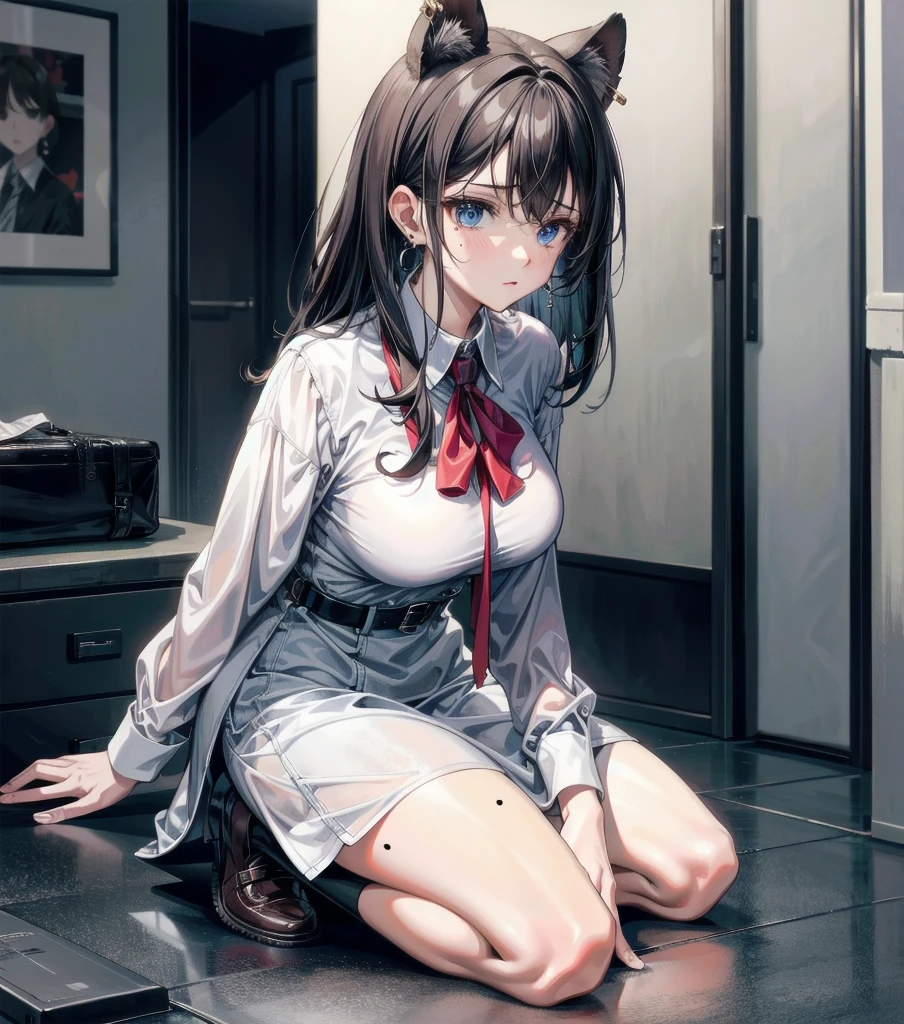 medium hair, medium tits, tearful mole, earring, full body, collared shirt dress,