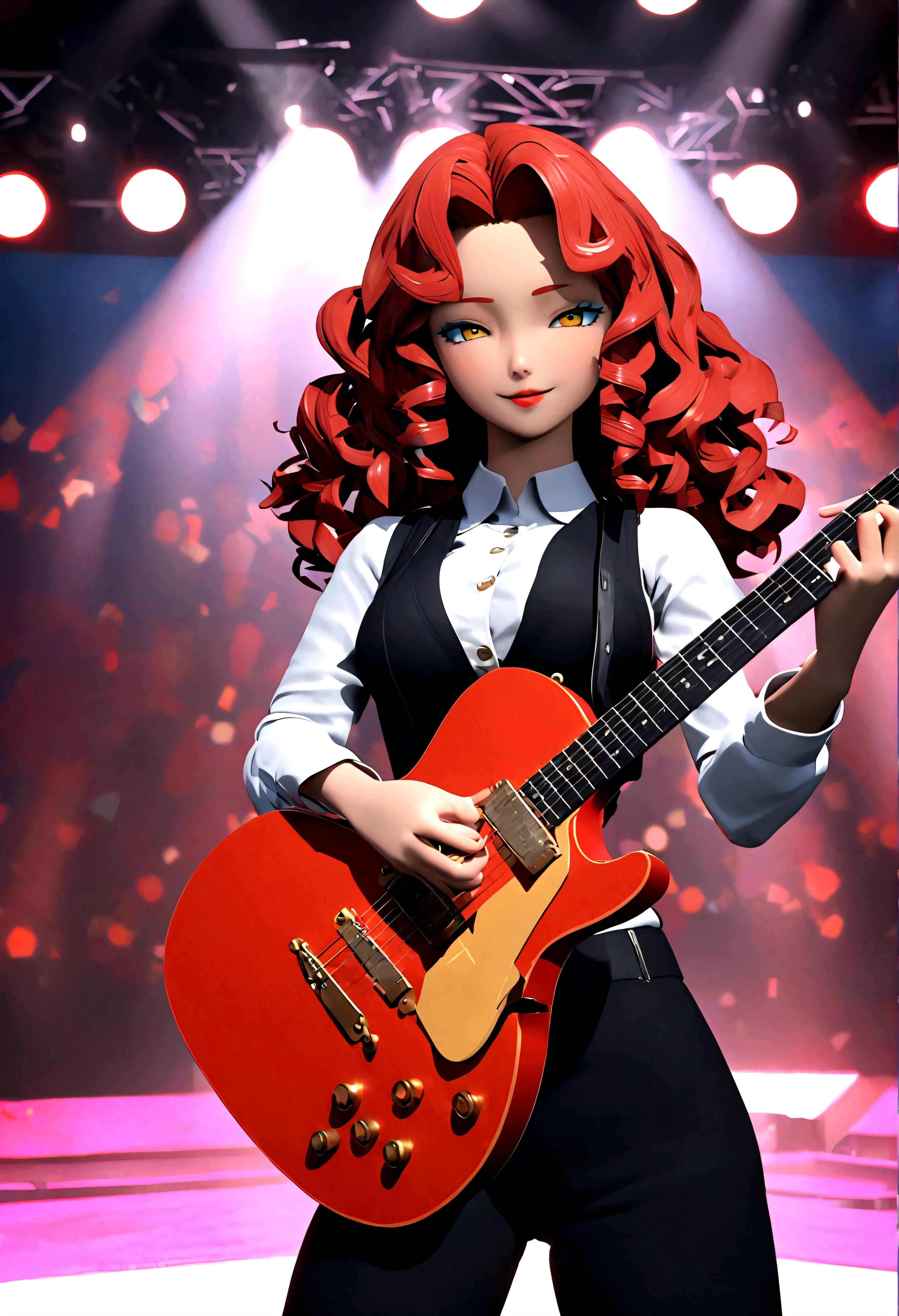 3D anime character,animate,real,1 girl,30 years old,glamorous,medium hair,((perm)),wavy hair,red hair,forehead,Voluminous curly hair,seductive smile,Light blue eyeshadow,red eyebrows,yellow eyes,tsurime,narrow eyes,half opend eyes,red lips,Confident expression,light smile,calm,black vest,white shirt,collared shirt,Unbutton the top button of shirt,black pants, BREAK standing,singing,play the red guitar,stage,The background features bold,colorful lettering and stage lights,capturing a lively,energetic performance